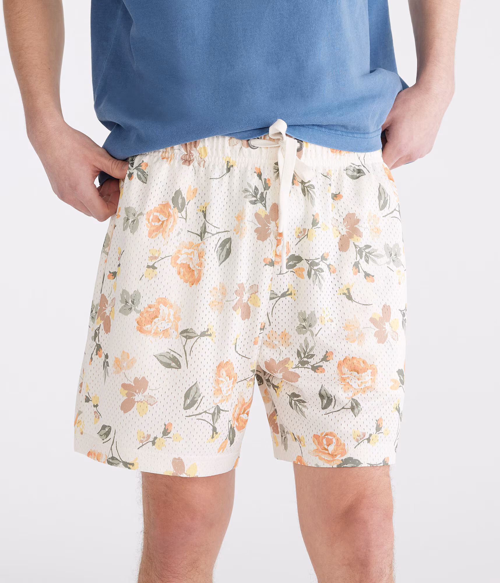 Floral Print Mesh Shorts 6" cream