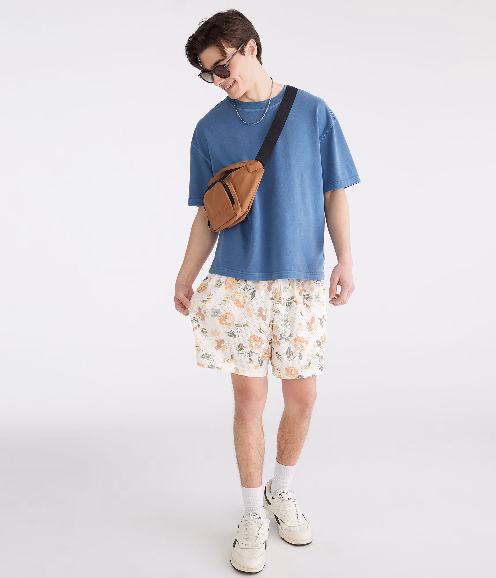 Floral Print Mesh Shorts 6" cream