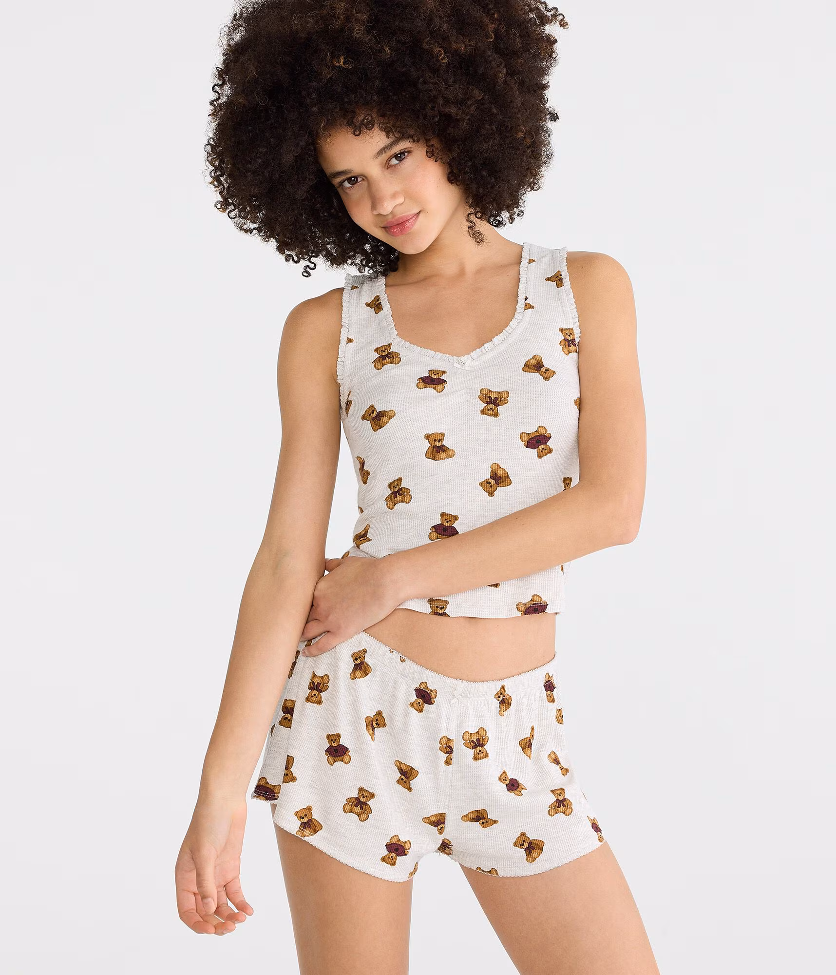 Teddy Bear Cropped Waffle Sleep Tank lightest heather grey