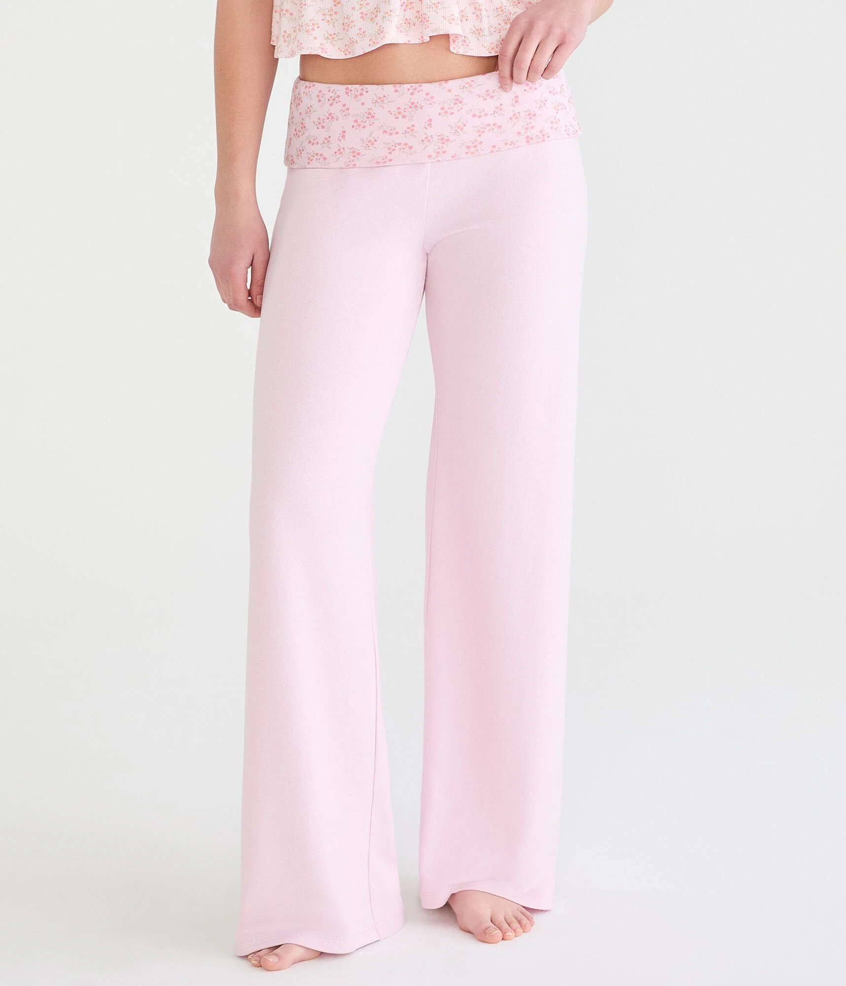 Printed Fold-Over Wide Leg Sleep Pants mermaid pink