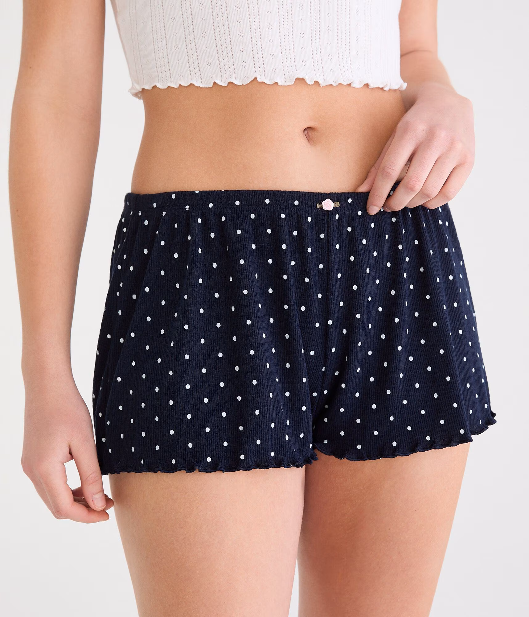 Polka Dot Low-Rise Lettuce-Edge Sleep Shorts cadet navy