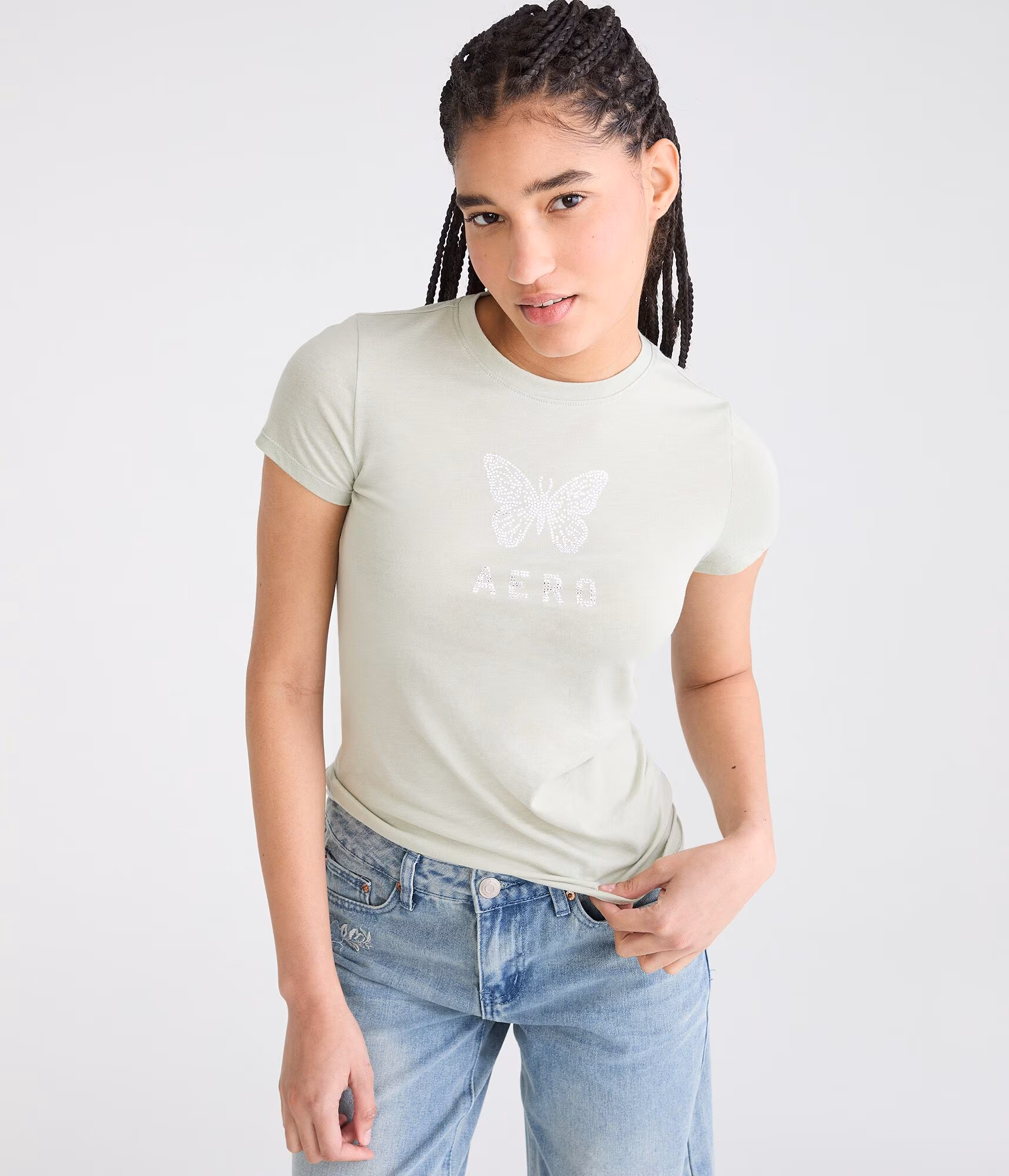 Rhinestone Aero Butterfly Graphic Tee organic olive
