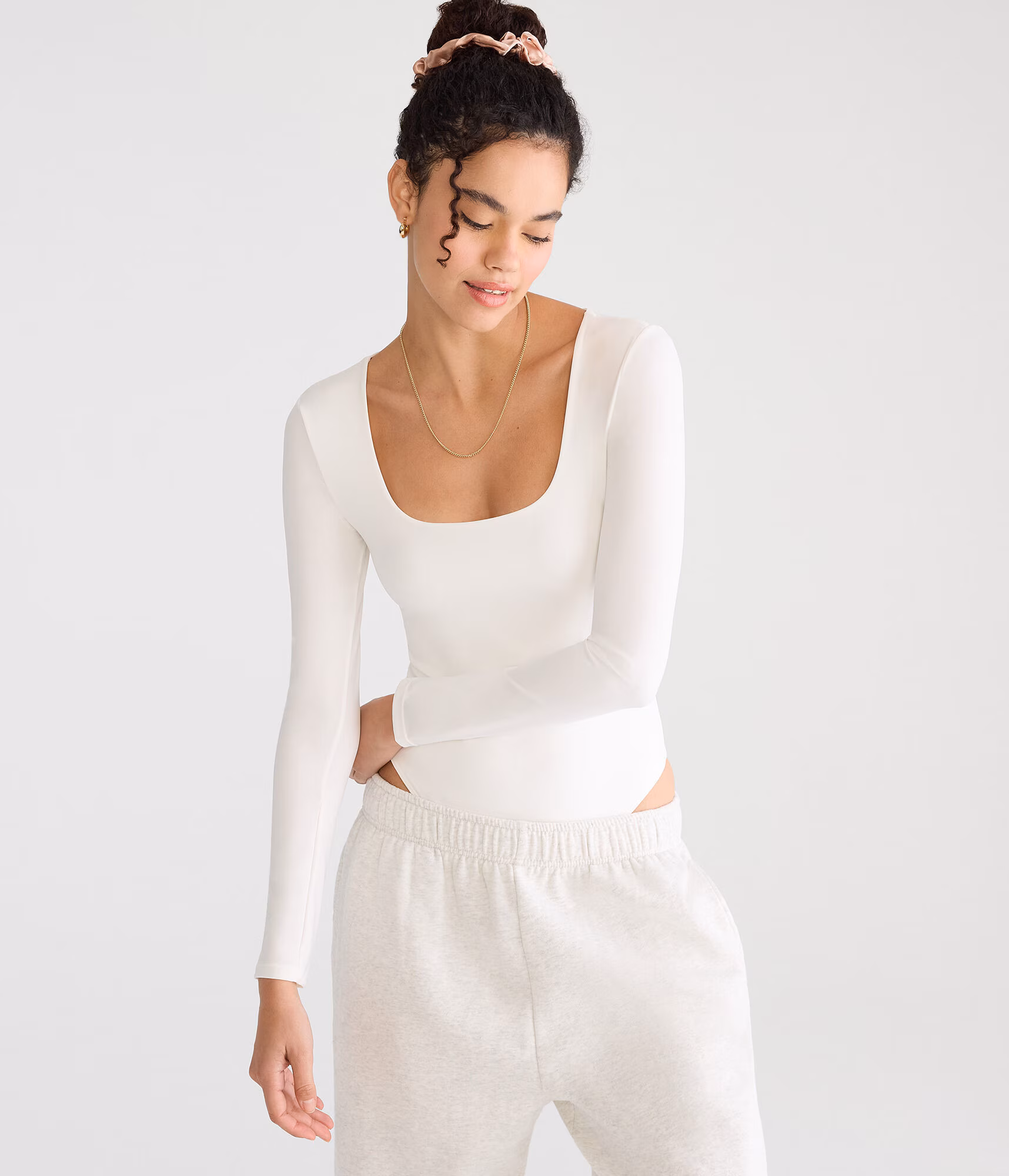 Long Sleeve Buttery Soft Square-Neck Bodysuit cream