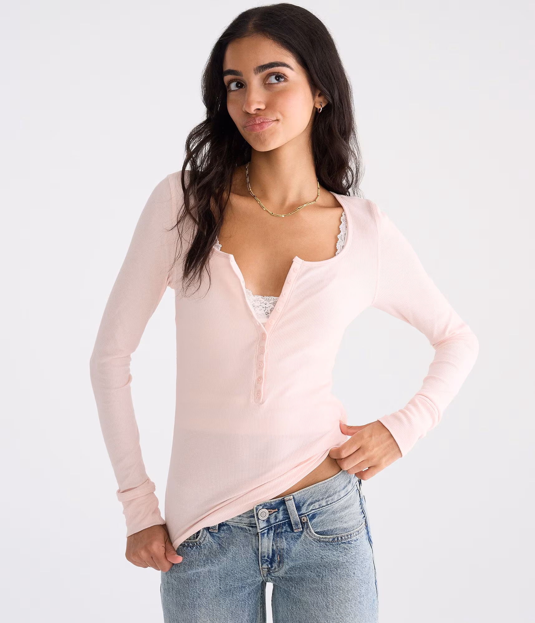 Long Sleeve Seriously Soft Y2K Henley pink bluff