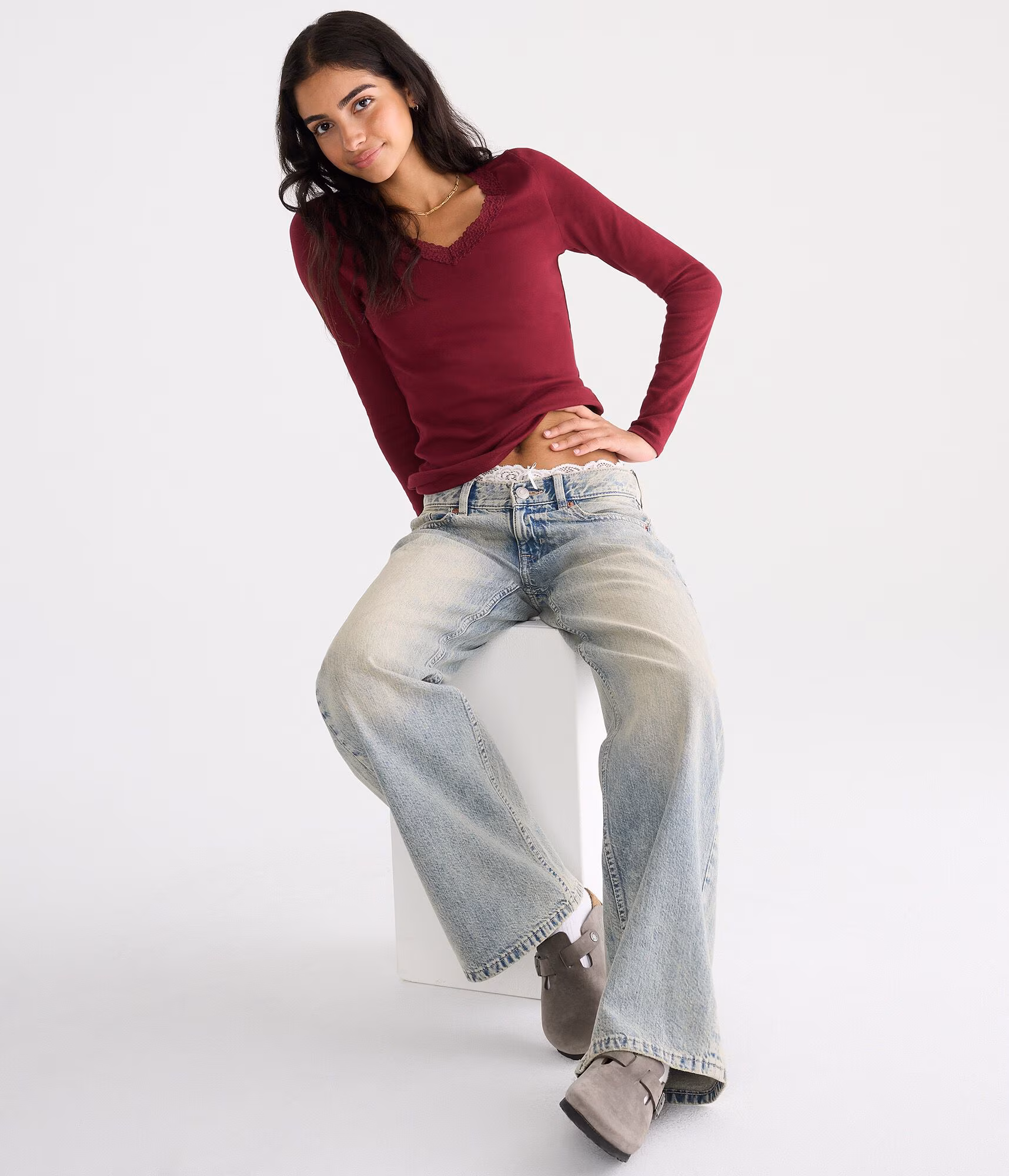 Long Sleeve Seriously Soft Lace-Trim V-Neck Tee classic auburn
