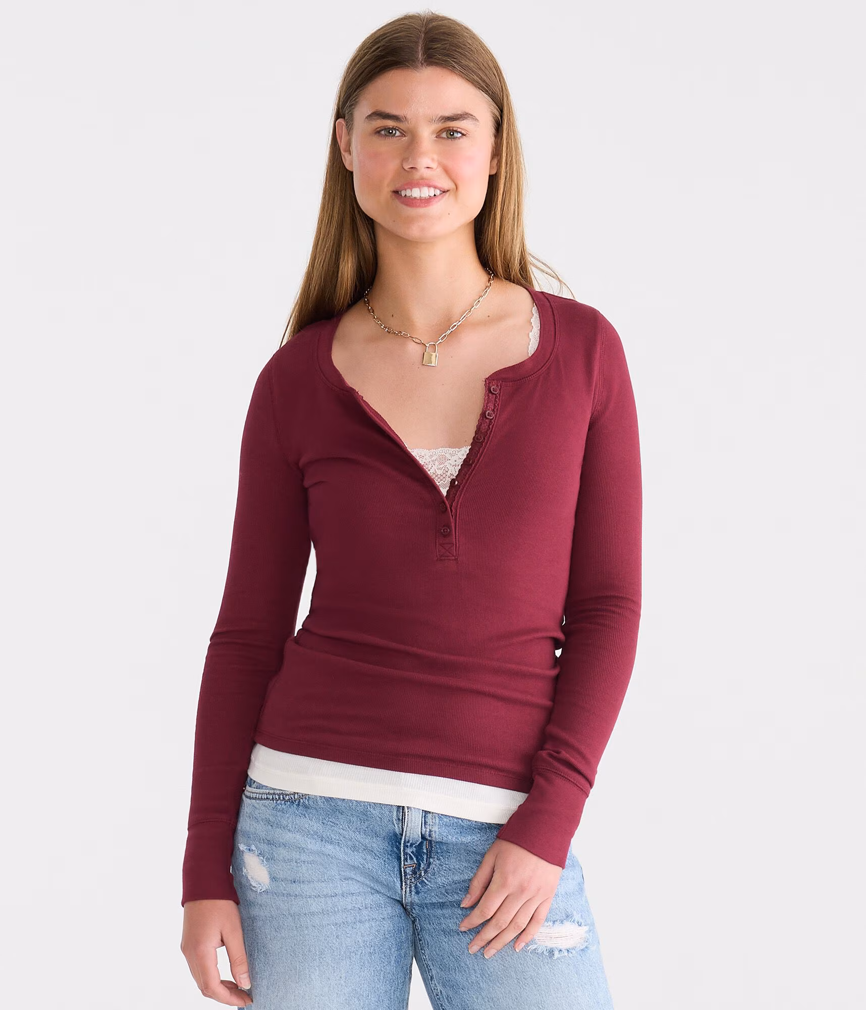 Long Sleeve Solid Ribbed Henley classic auburn