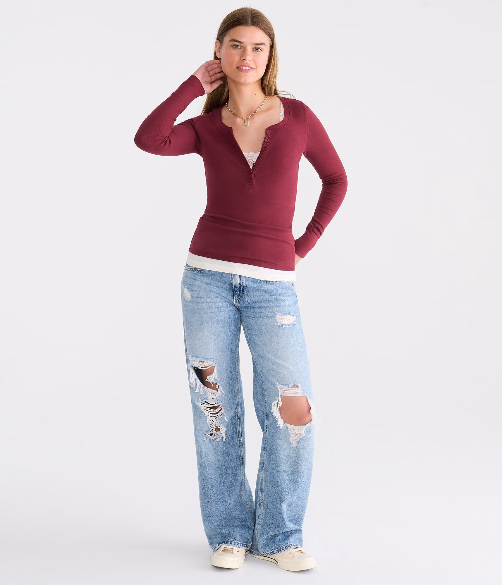 Long Sleeve Solid Ribbed Henley classic auburn