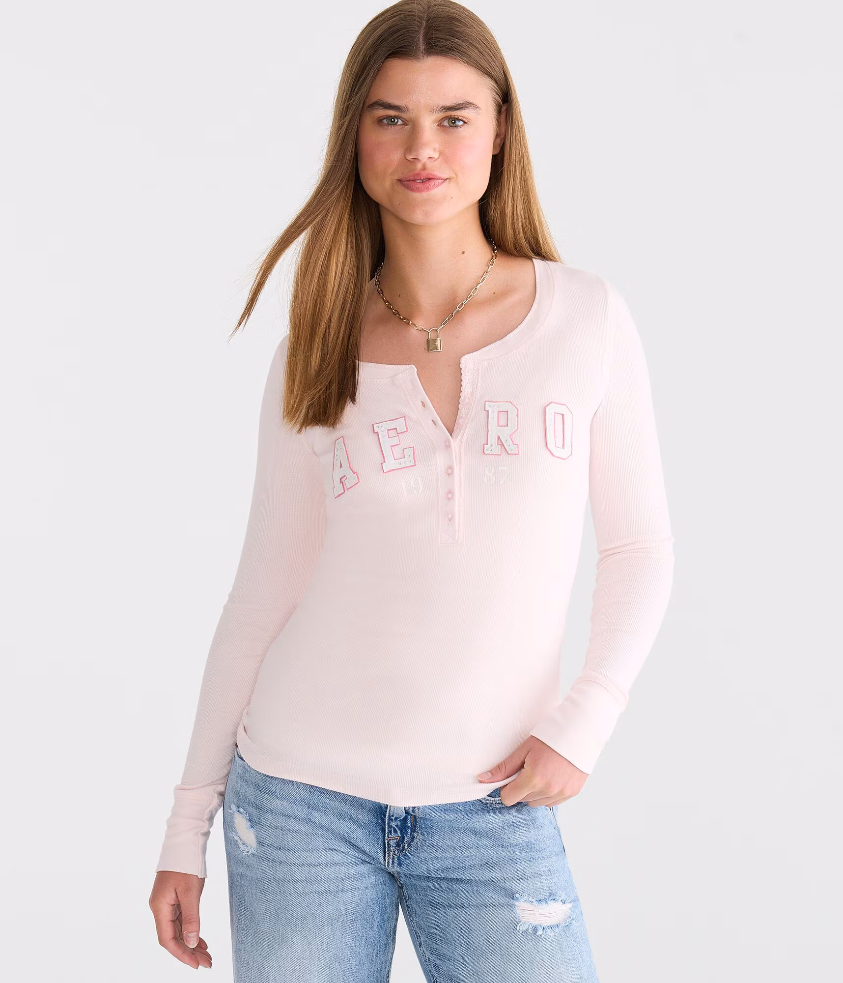 Long Sleeve Rhinestone Logo Henley pearl