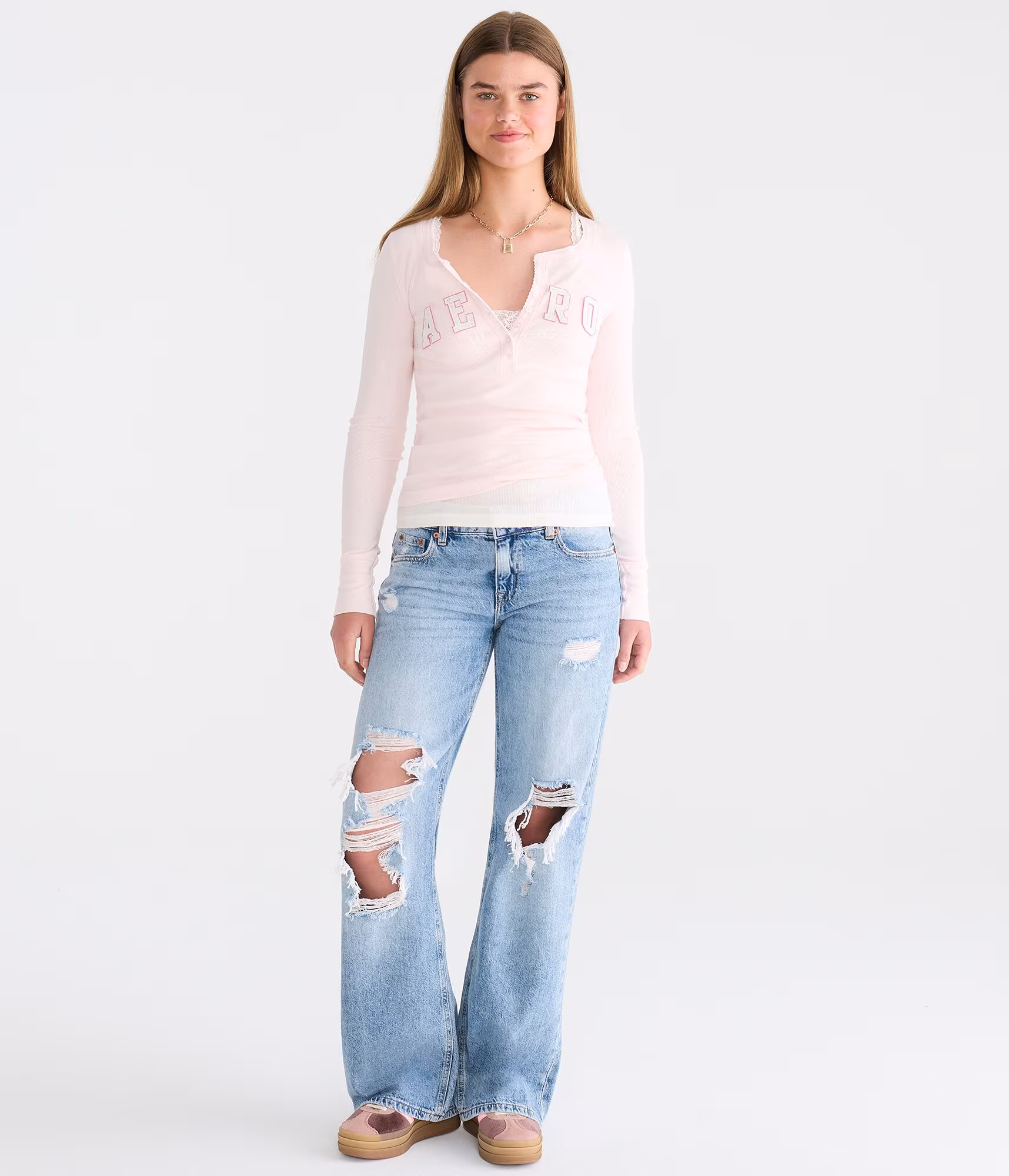 Long Sleeve Rhinestone Logo Henley pearl