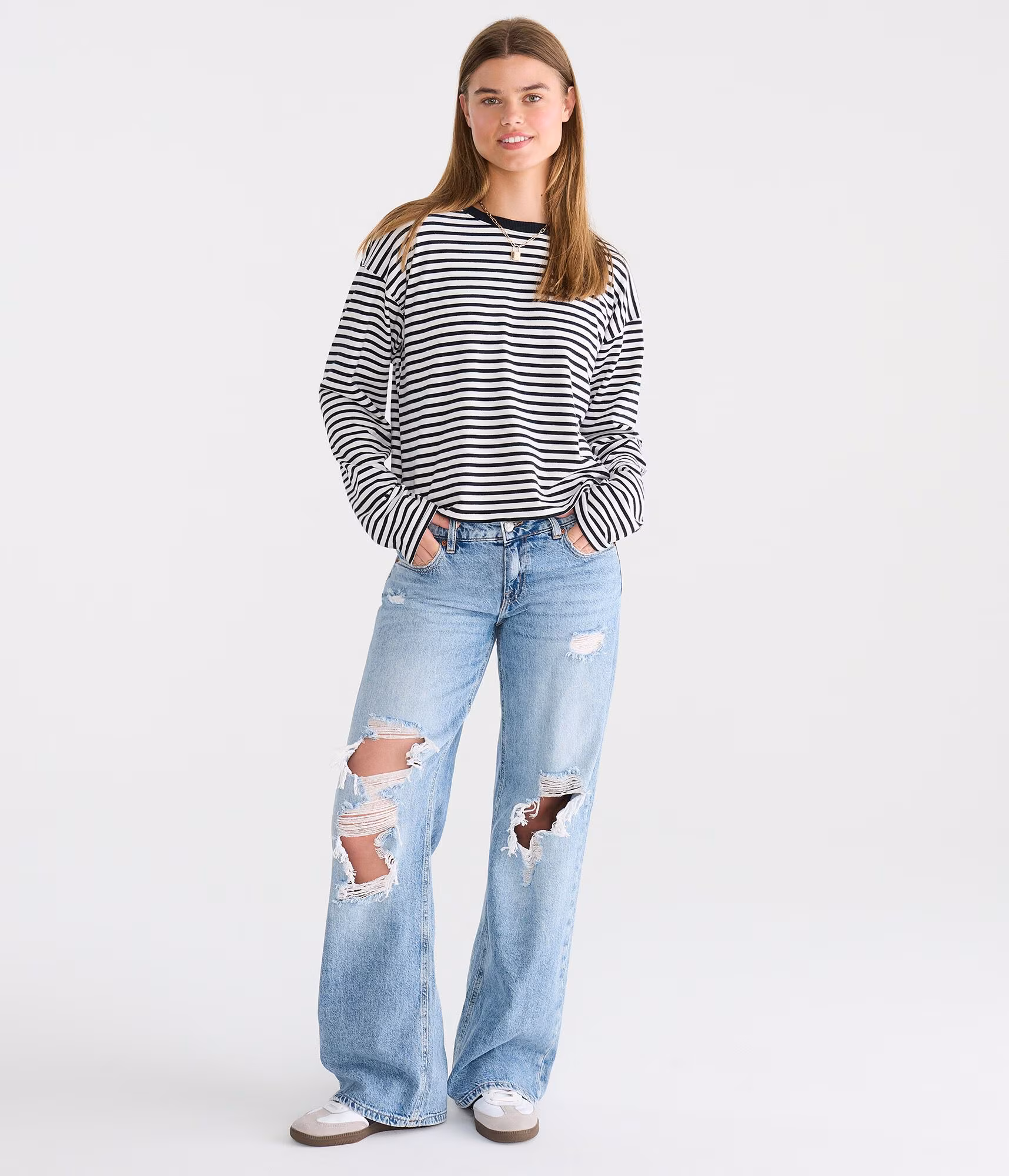 Long Sleeve Striped Oversized Crew Tee black fox