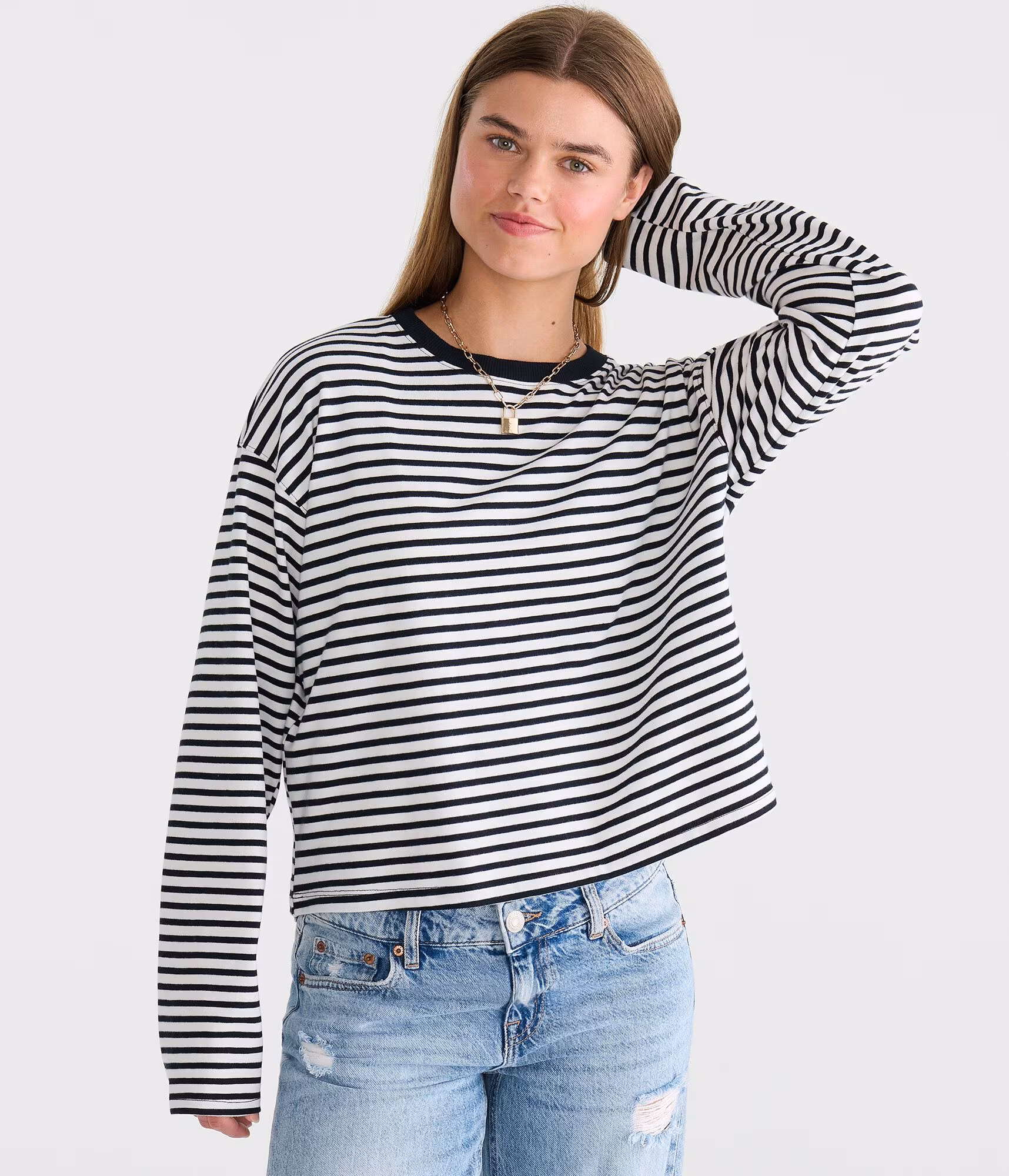 Long Sleeve Striped Oversized Crew Tee black fox