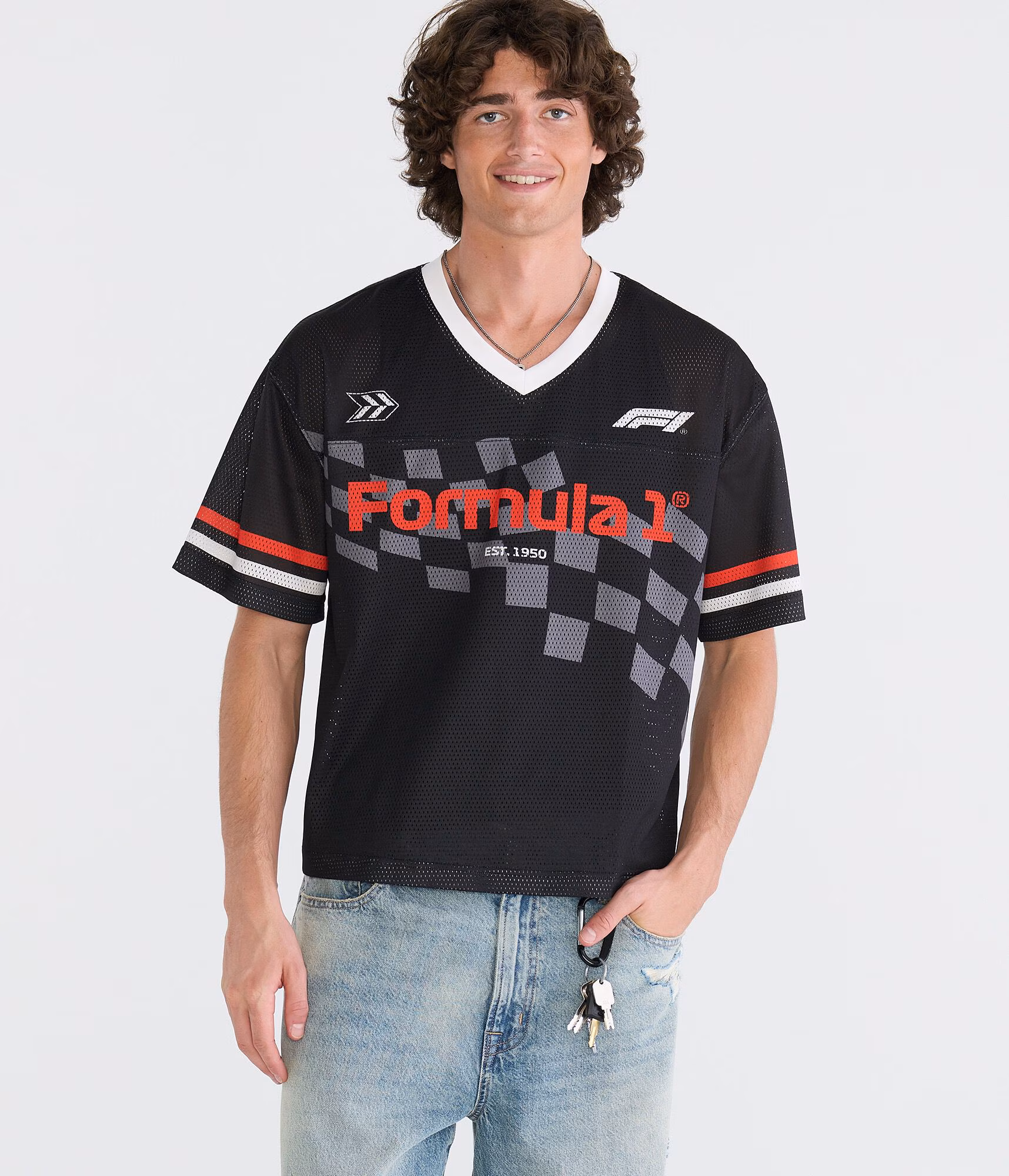 Formula 1® Checkered Flag Boxy V-Neck Jersey black