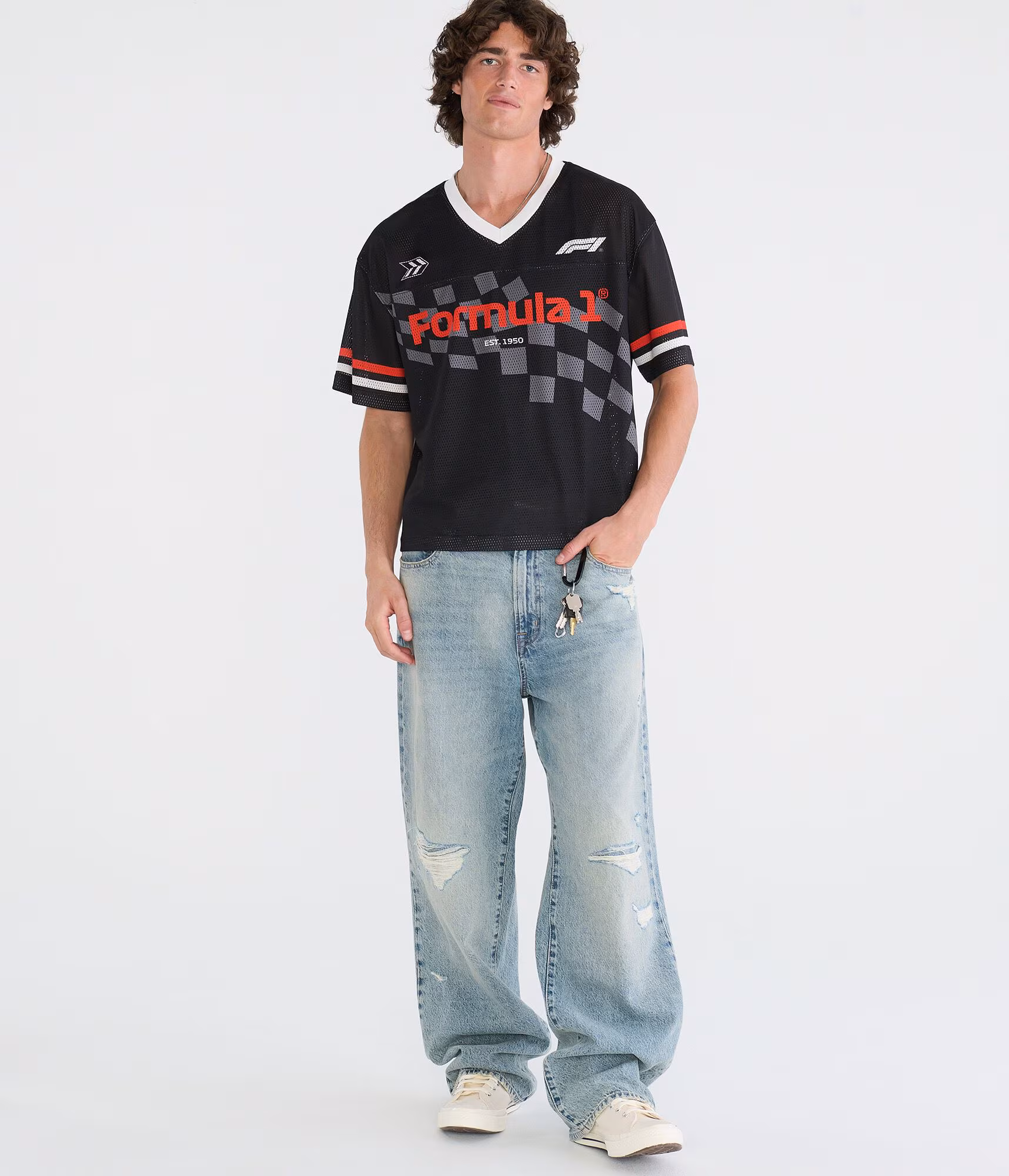 Formula 1® Checkered Flag Boxy V-Neck Jersey black