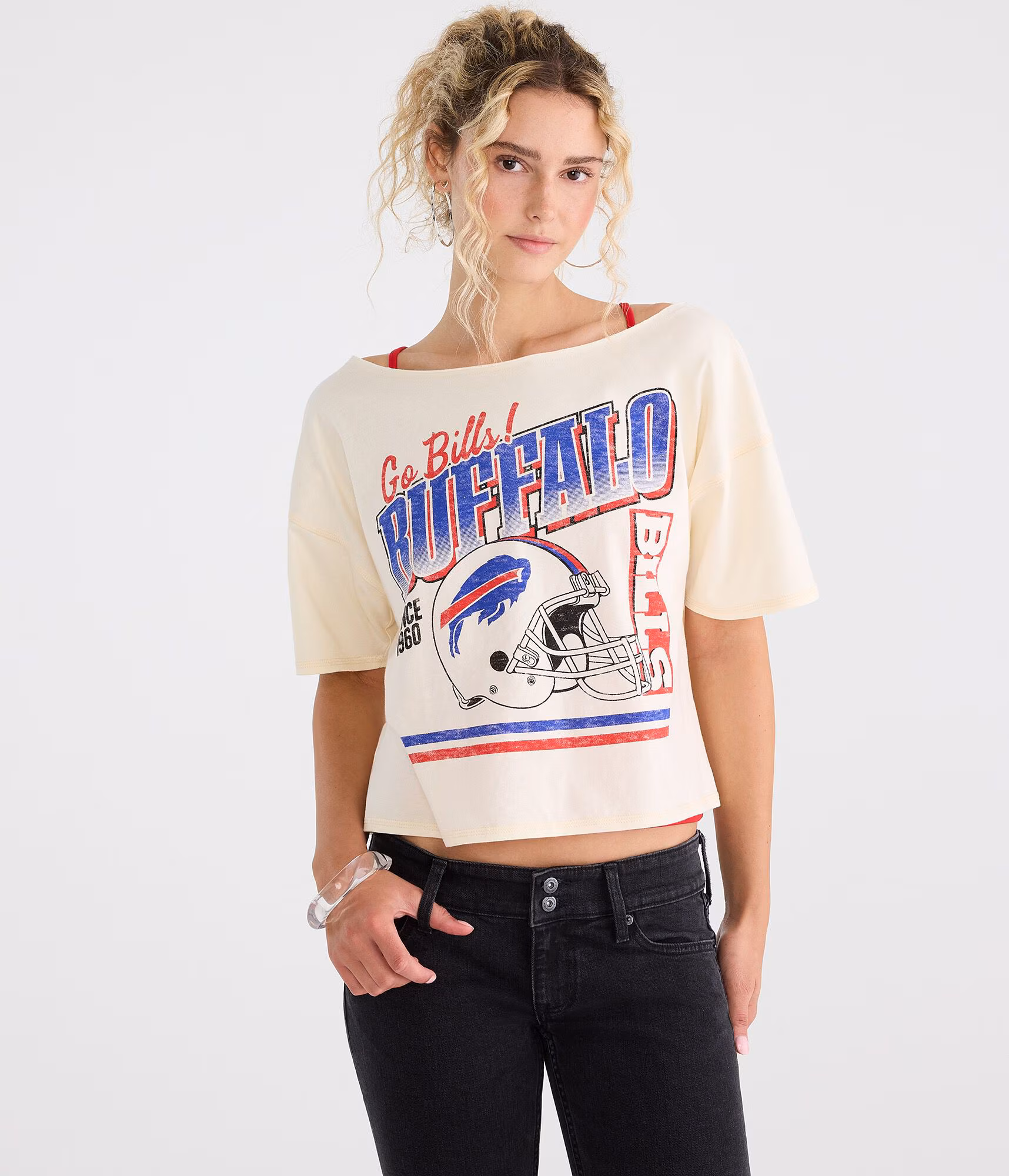 Buffalo Bills Off-The-Shoulder Graphic Tee white