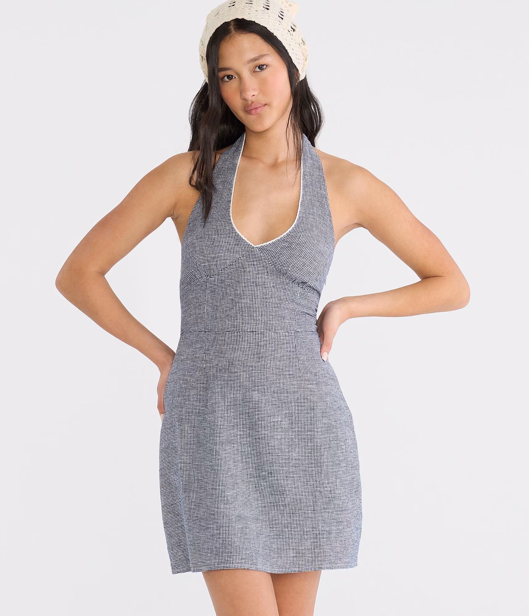 Gingham V-Neck Halter A-Line Mini Dress cream
