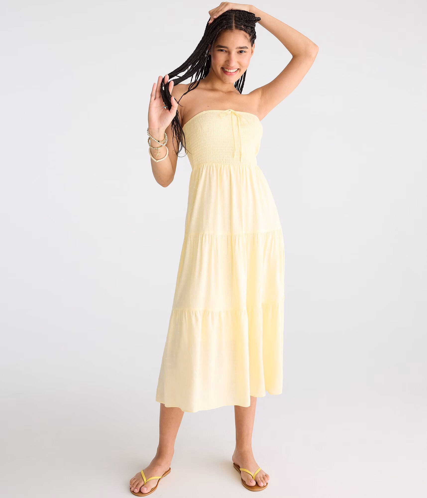 Swiss Dot Strapless Smocked Midi Dress gold tensel