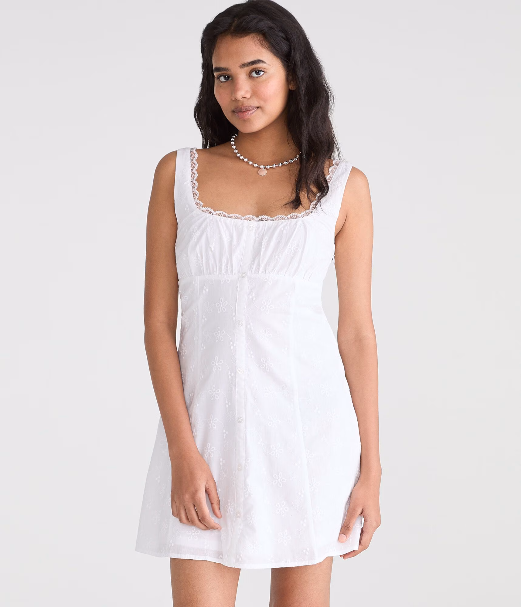 Solid Scoop-Neck Eyelet A-Line Mini Dress bleach