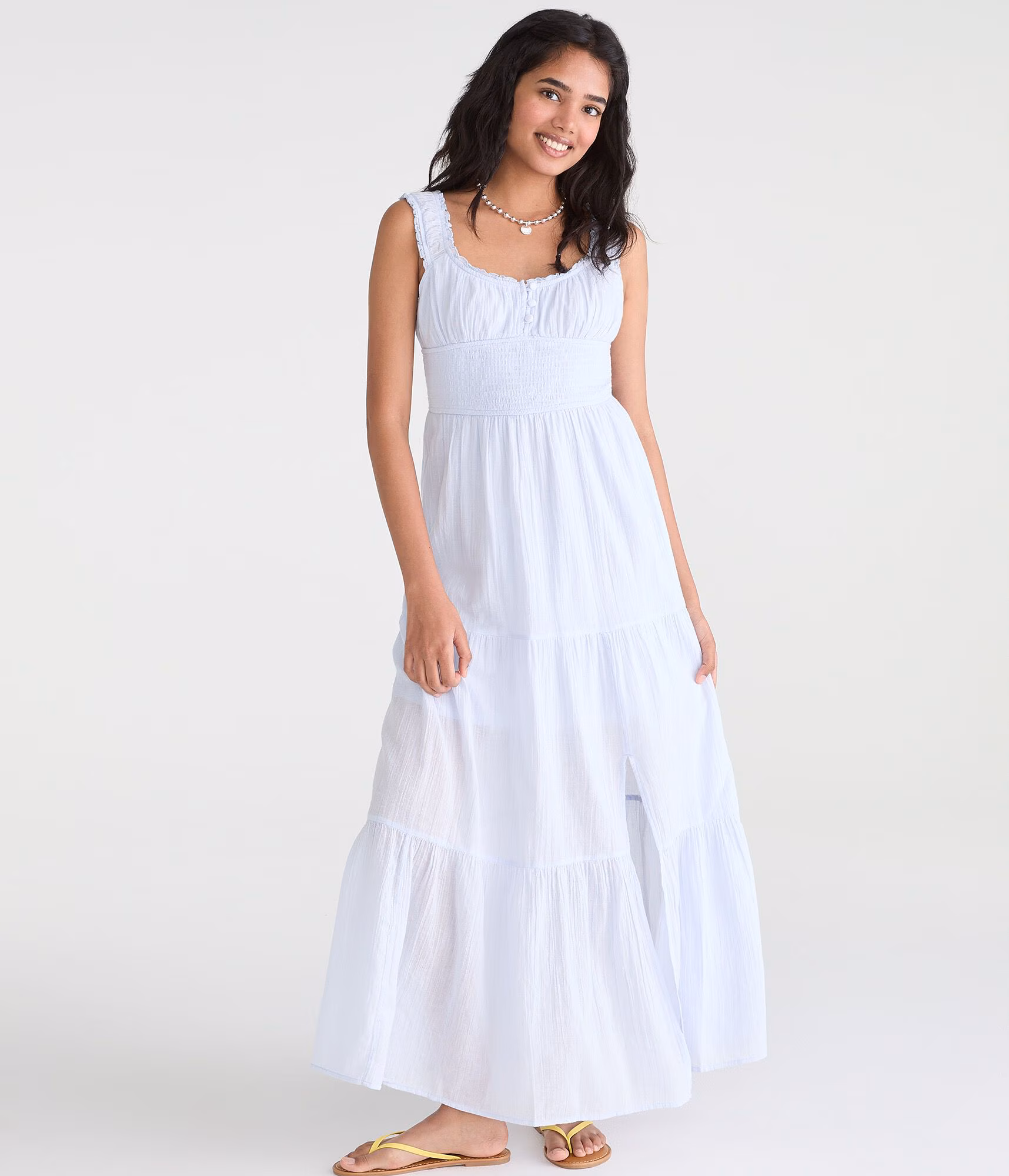 Solid Scoop-Neck Smocked Maxi Dress skysail blue
