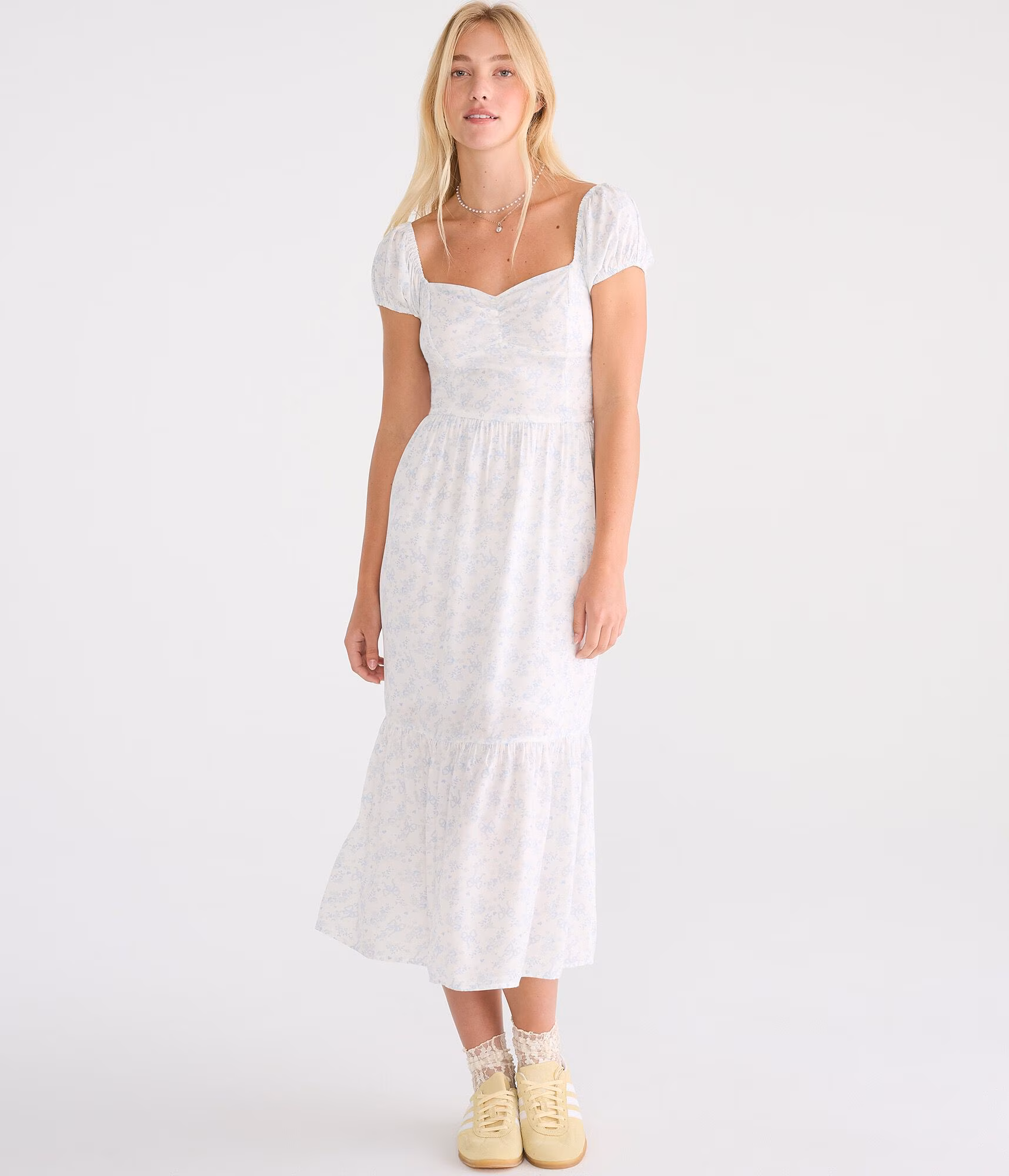 Floral Bow Print Sweetheart Midi Dress cream