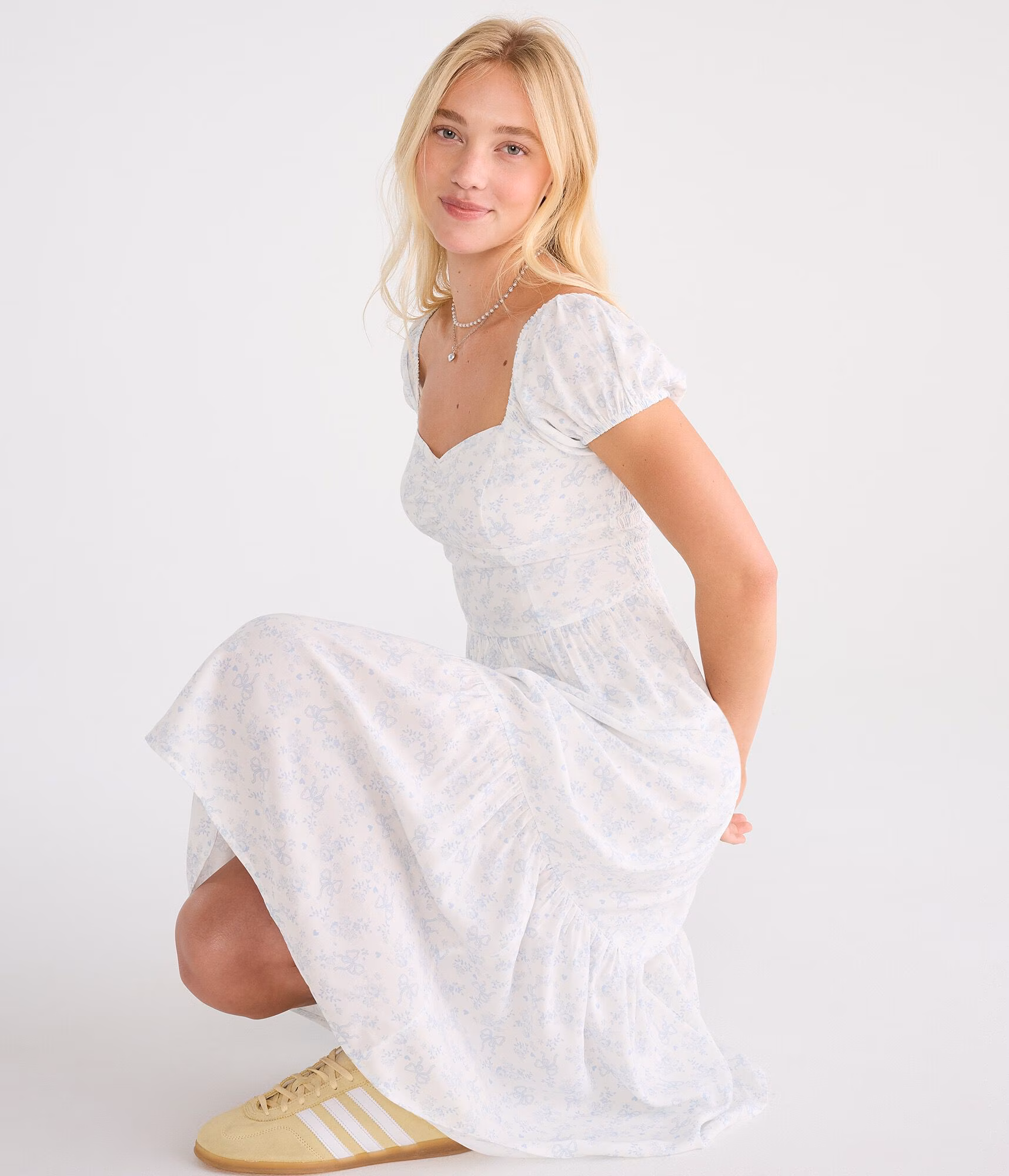 Floral Bow Print Sweetheart Midi Dress cream