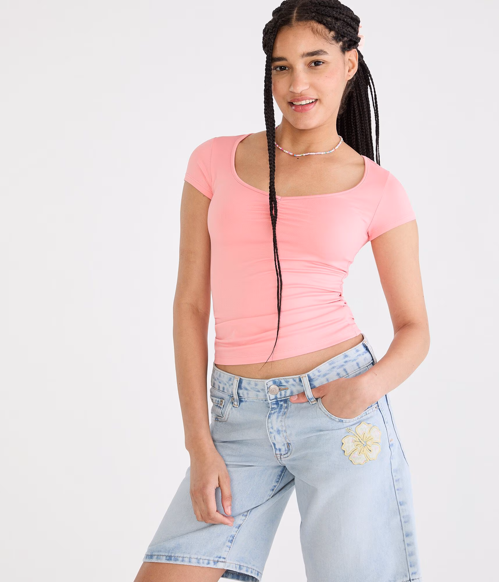 Buttery Soft Cinched Scoop-Neck Tee heather rose