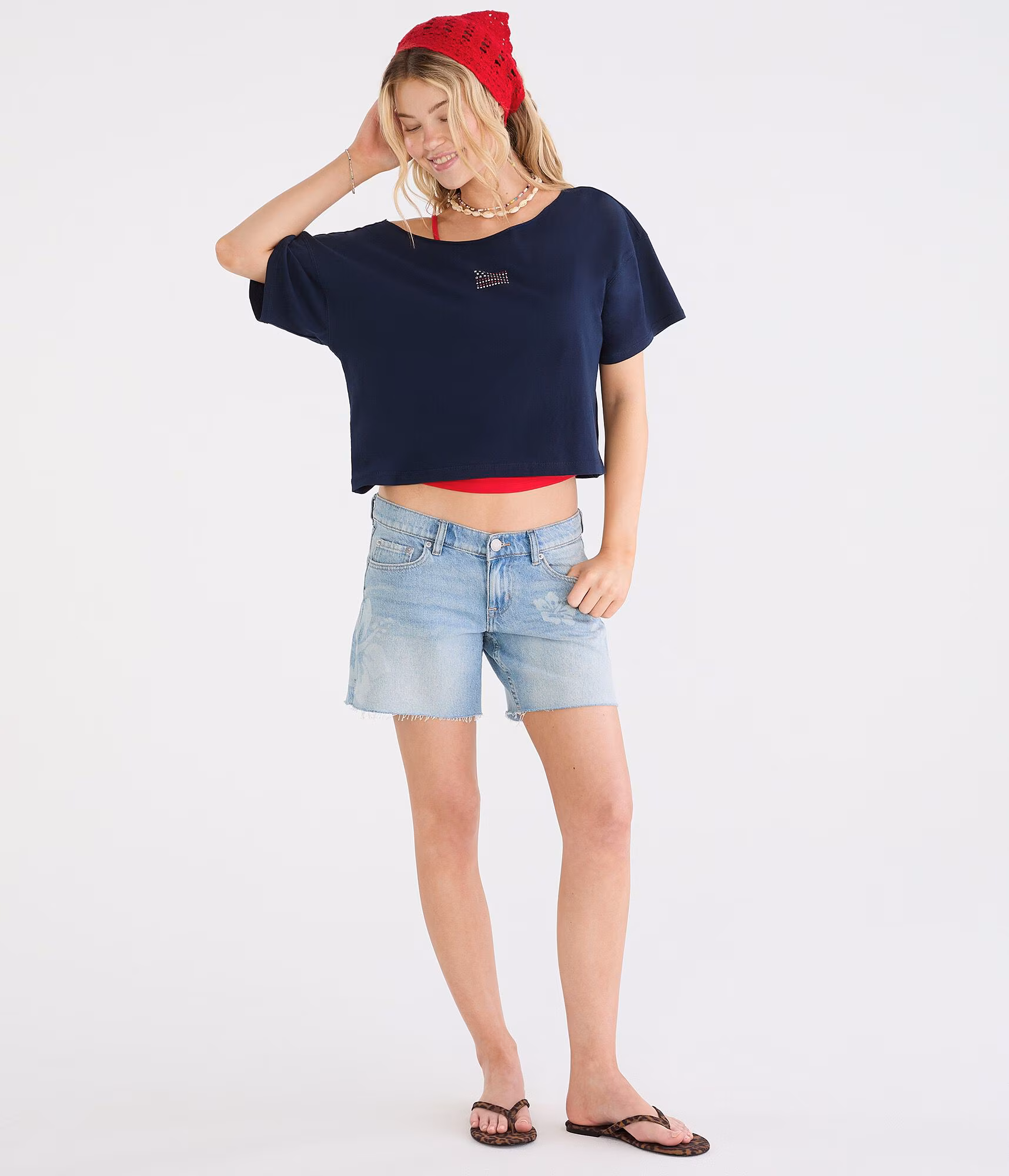 Seriously Soft American Flag Off-The-Shoulder Boyfriend Graphic Tee cadet navy