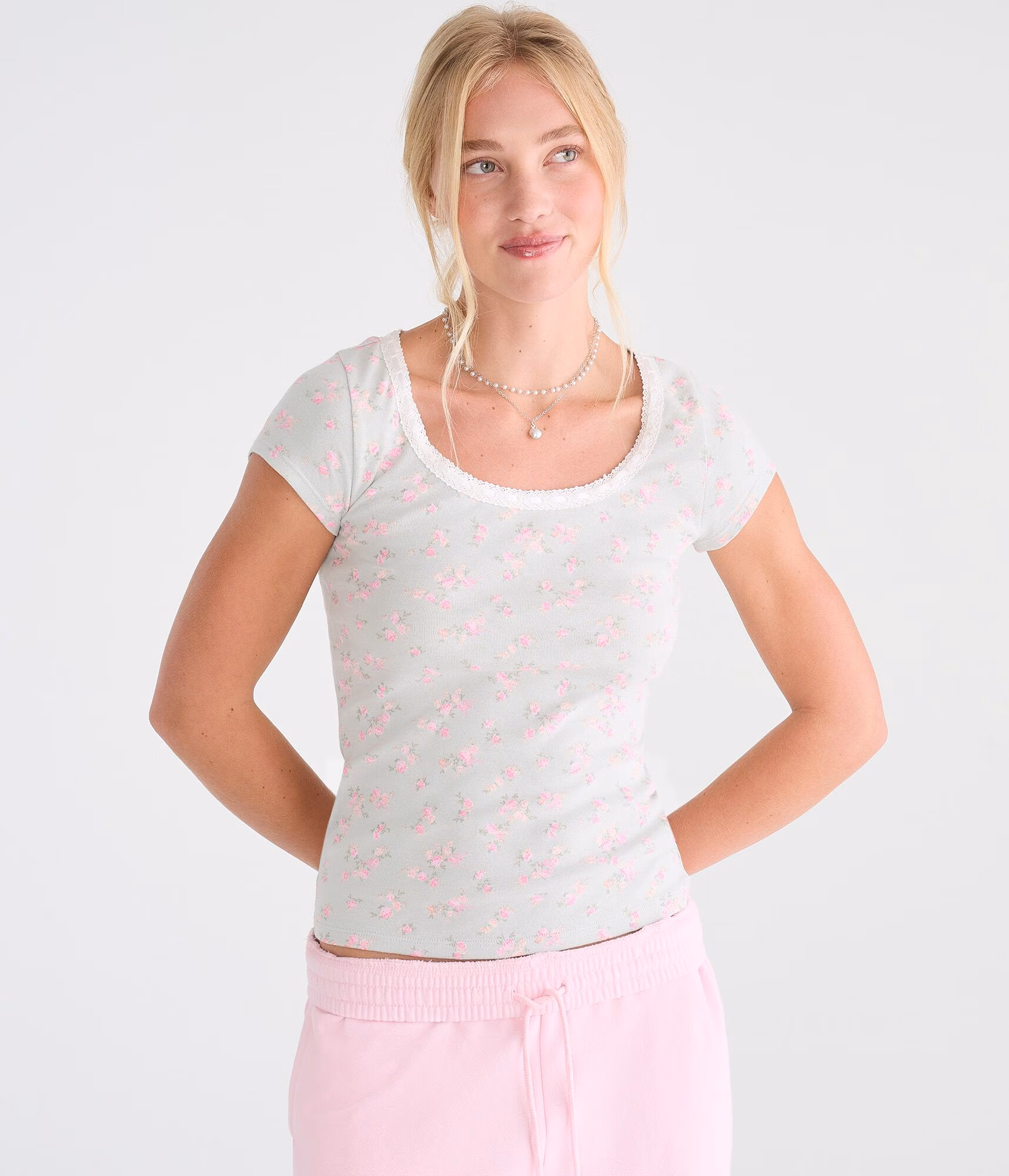 Seriously Soft Floral Ribbon Lace Scoop Tee caribbean sea