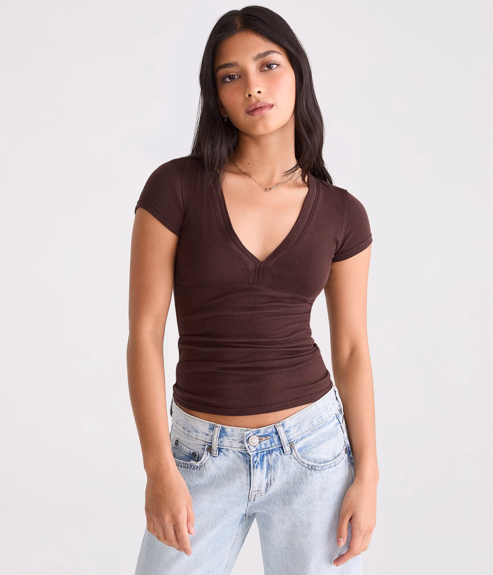 Ribbed V-Neck Tee jaspe muted ebony