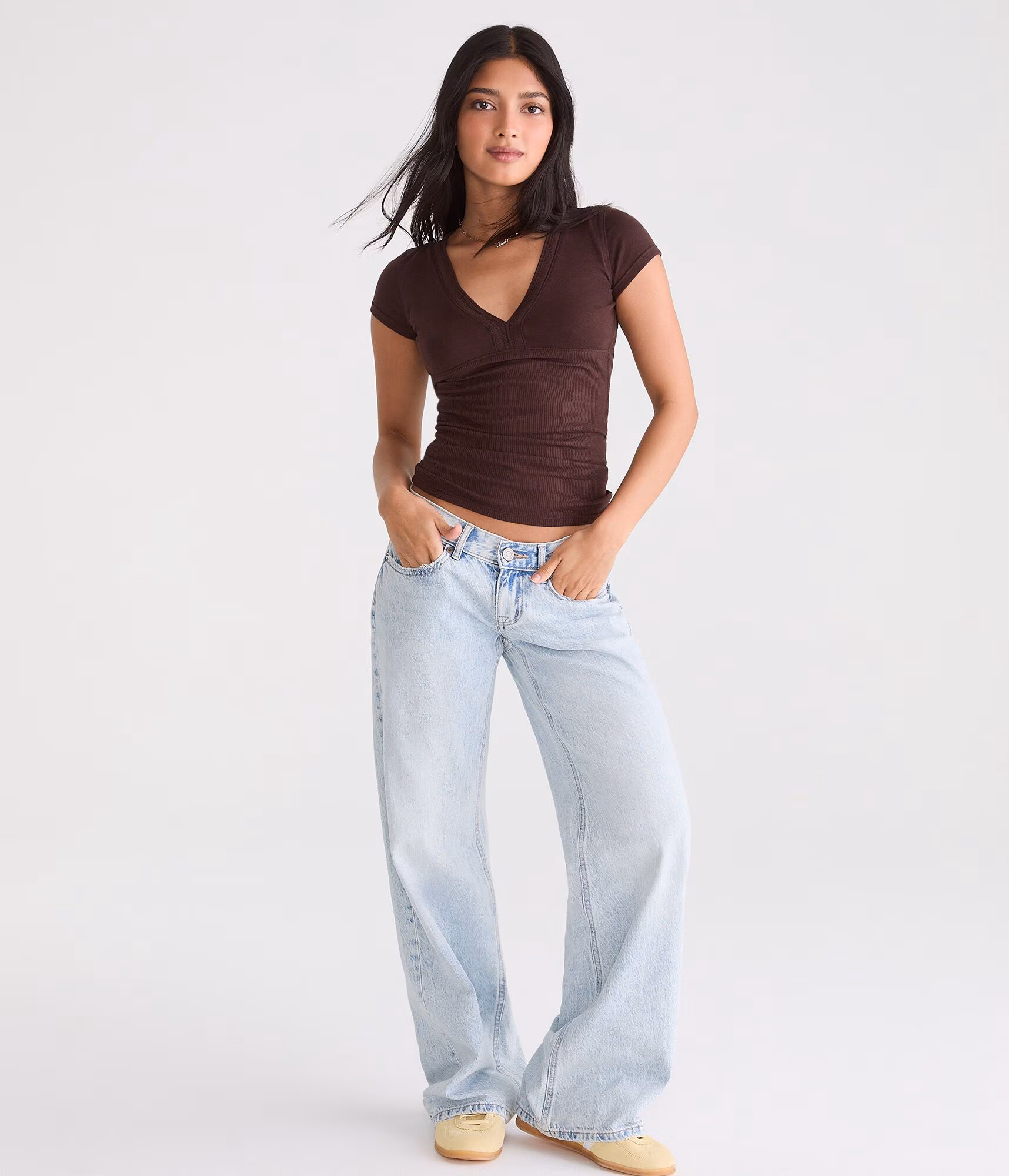 Ribbed V-Neck Tee jaspe muted ebony