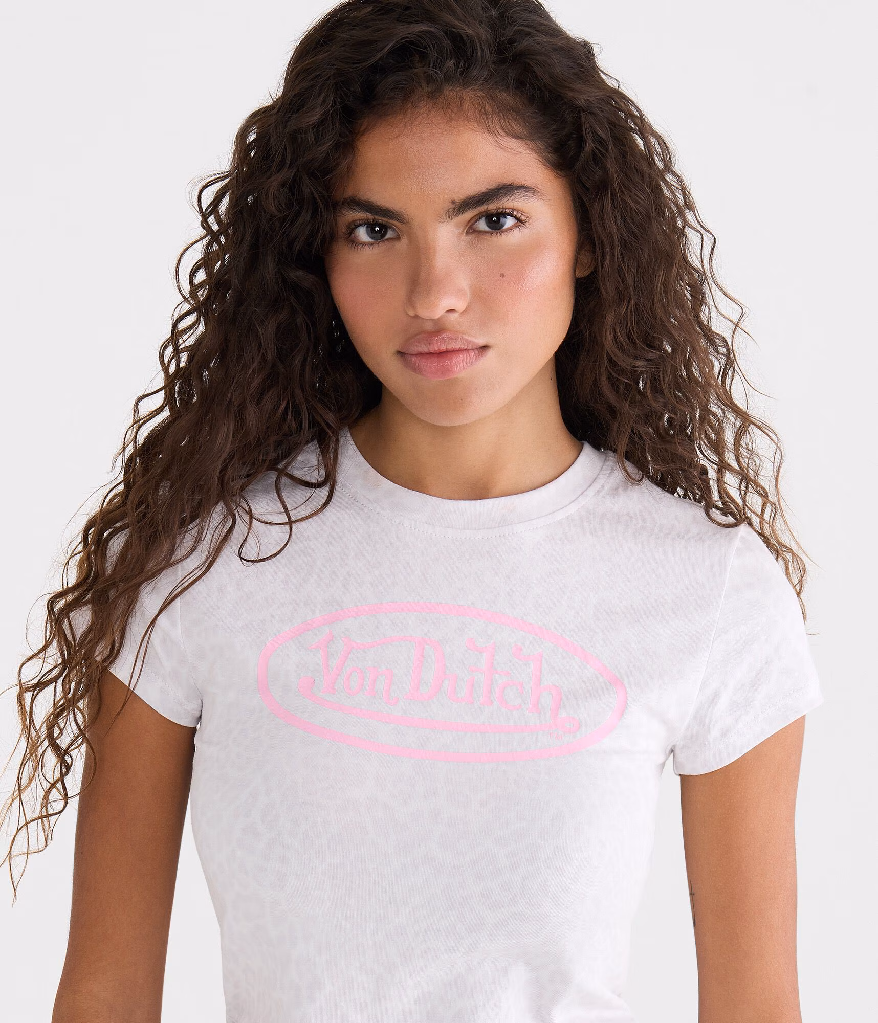 Von Dutch Leopard Print Graphic Baby Tee lightest heather grey
