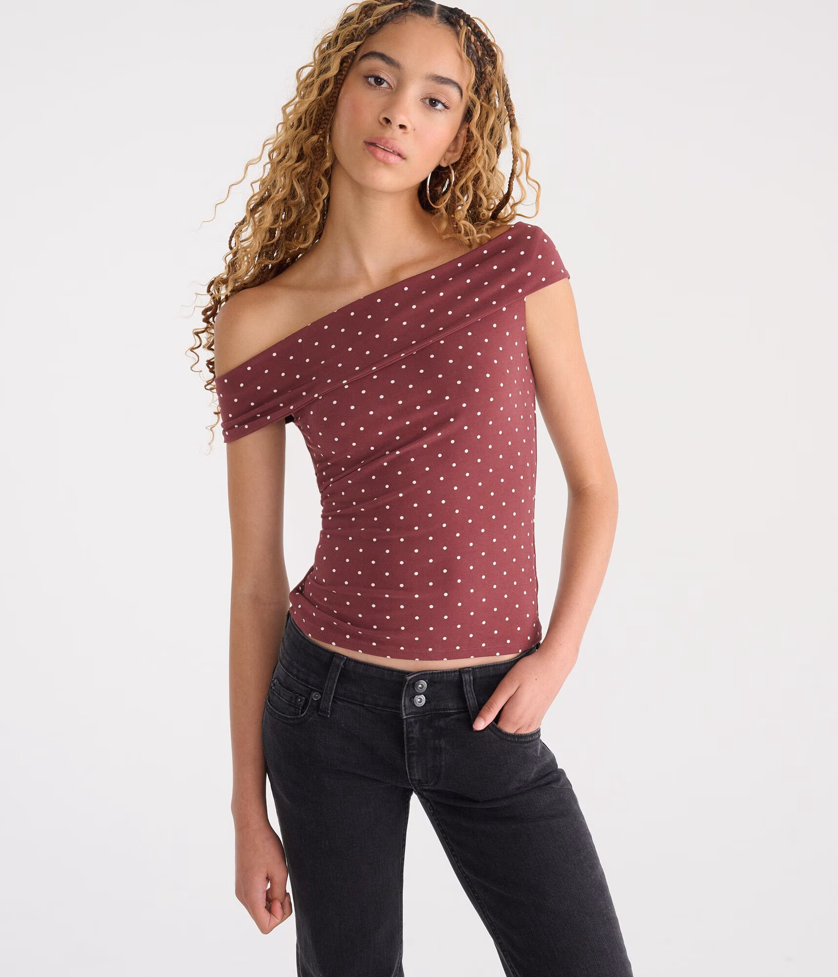 Polka Dot Multi-Way Off-The-Shoulder Top classic auburn
