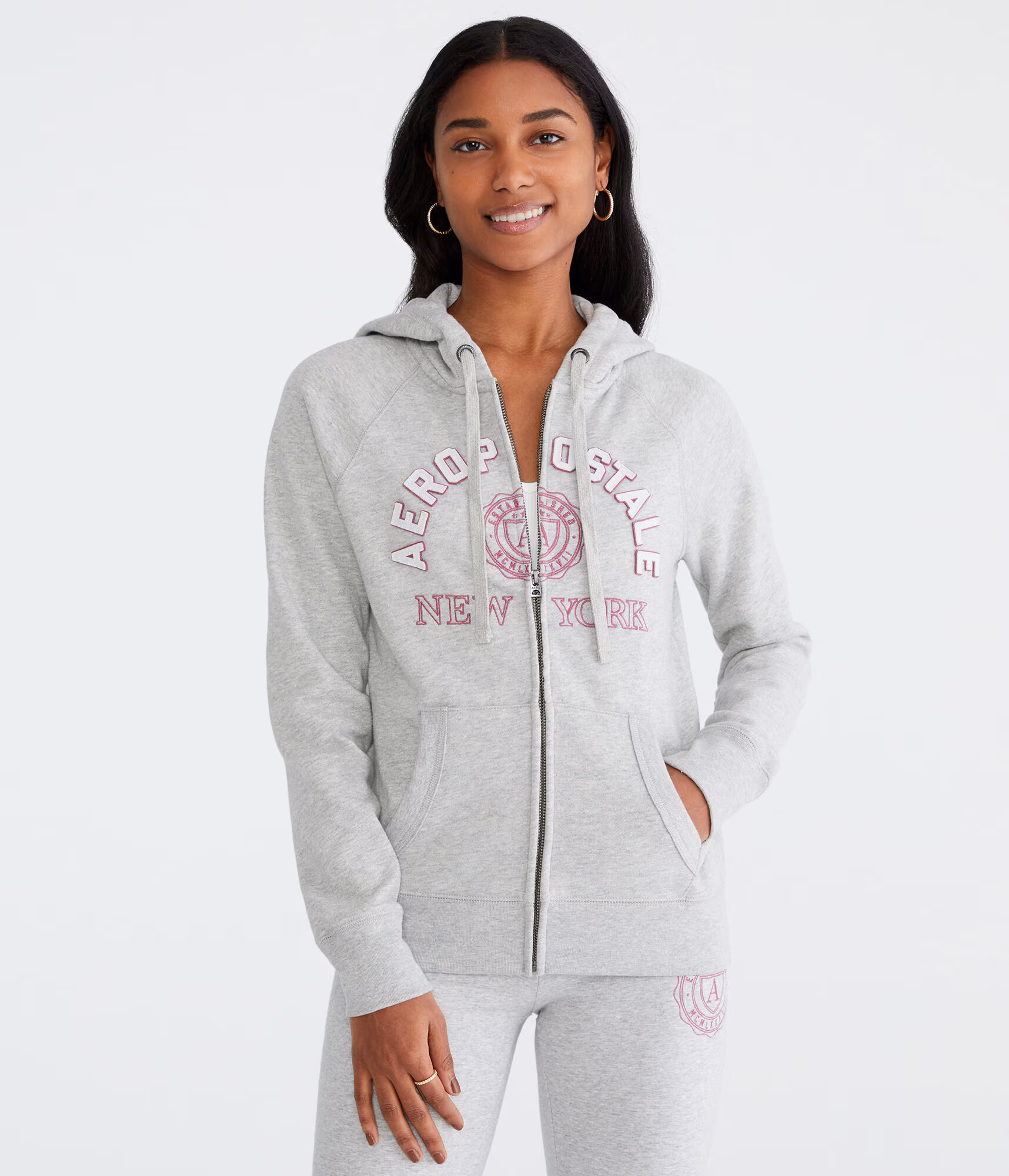 Aeropostale New York Crest Full-Zip Hoodie light heather grey