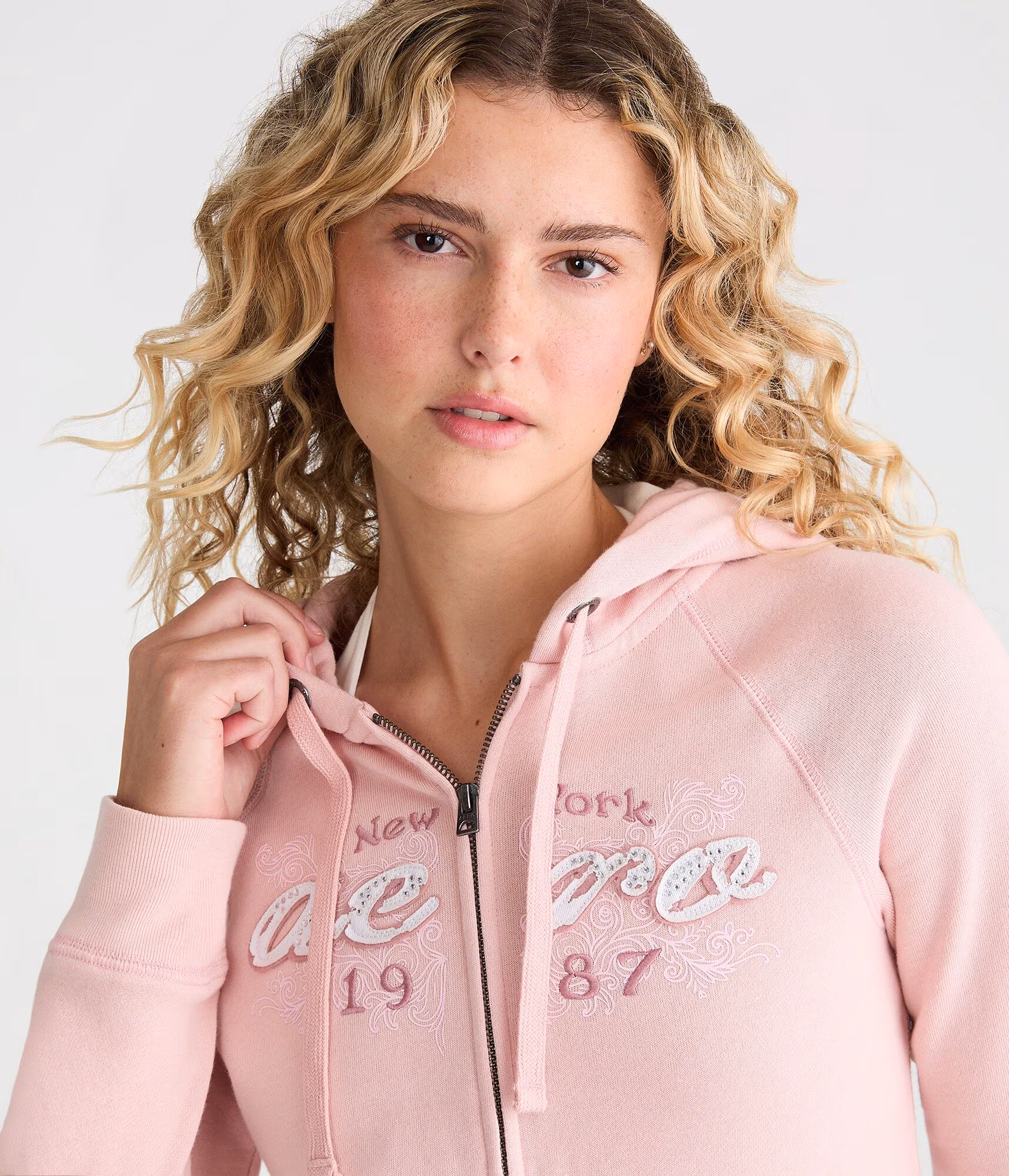 Aero New York Rhinestone Full-Zip Hoodie pink magnolia