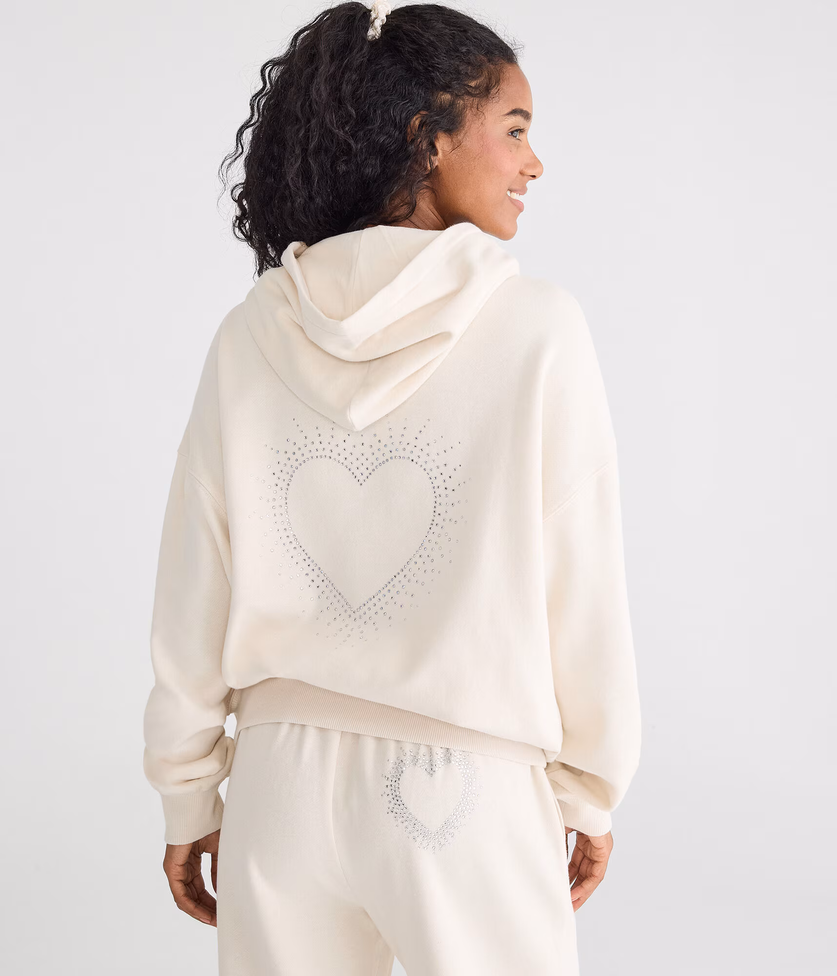 Cloud Soft Rhinestone Heart Pullover Hoodie cool beige