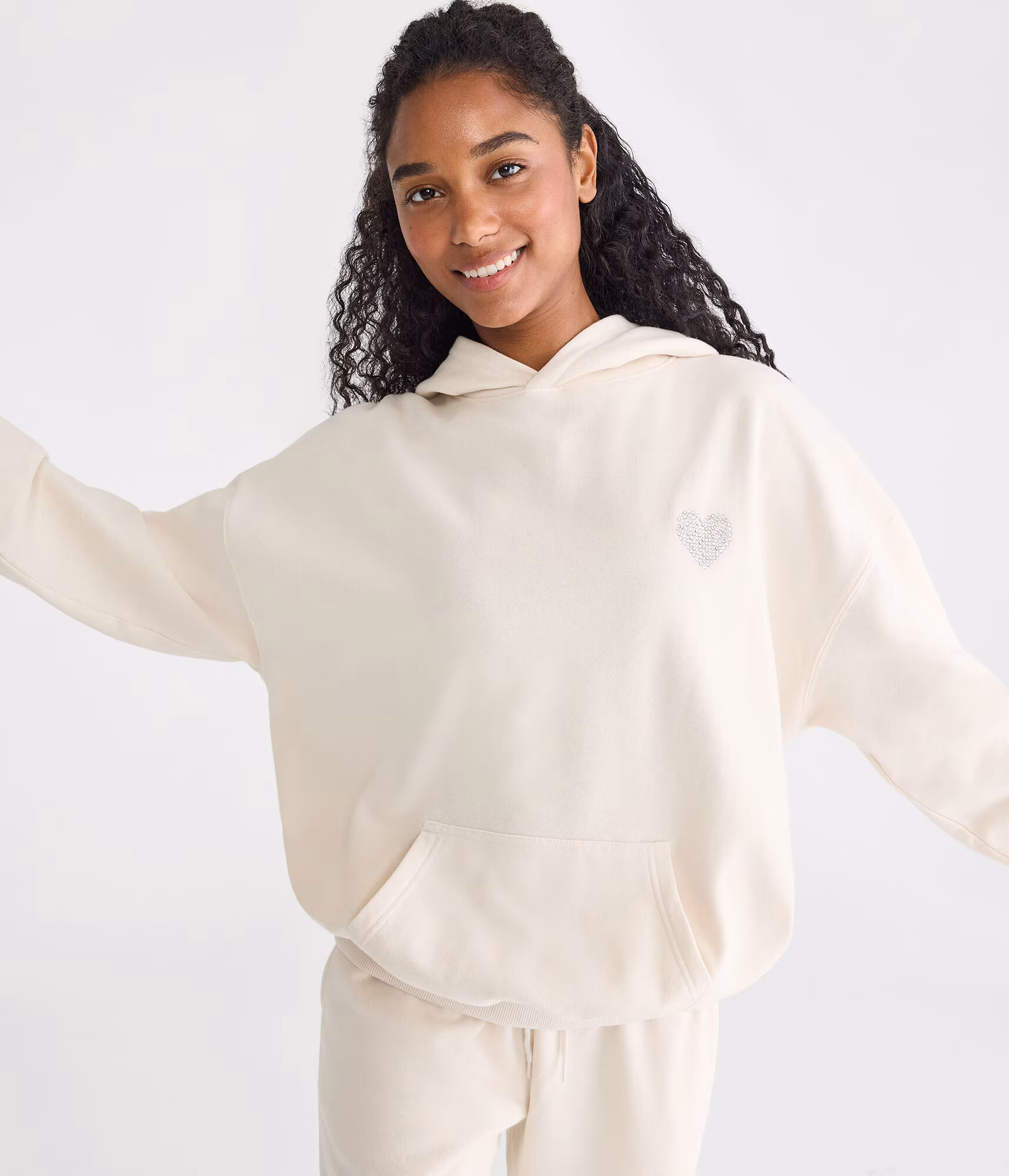 Cloud Soft Rhinestone Heart Pullover Hoodie cool beige