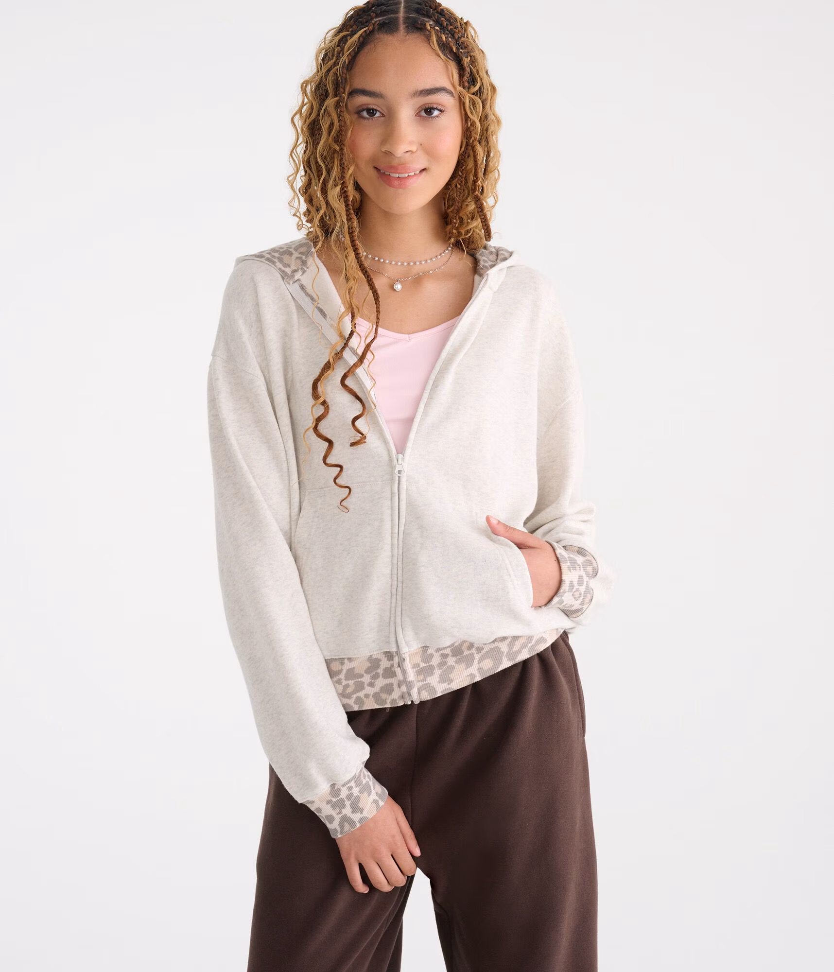 Cloud Soft Leopard-Trim Oversized Full-Zip Hoodie lightest heather grey
