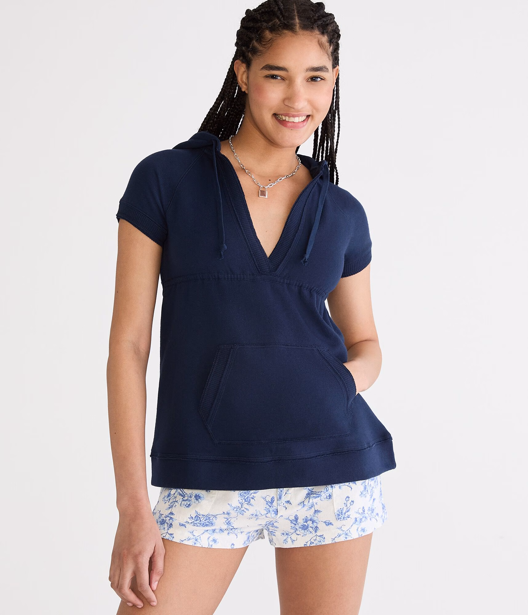 Short Sleeve Babydoll Tie-Back V-Neck Fleece Hoodie cadet navy