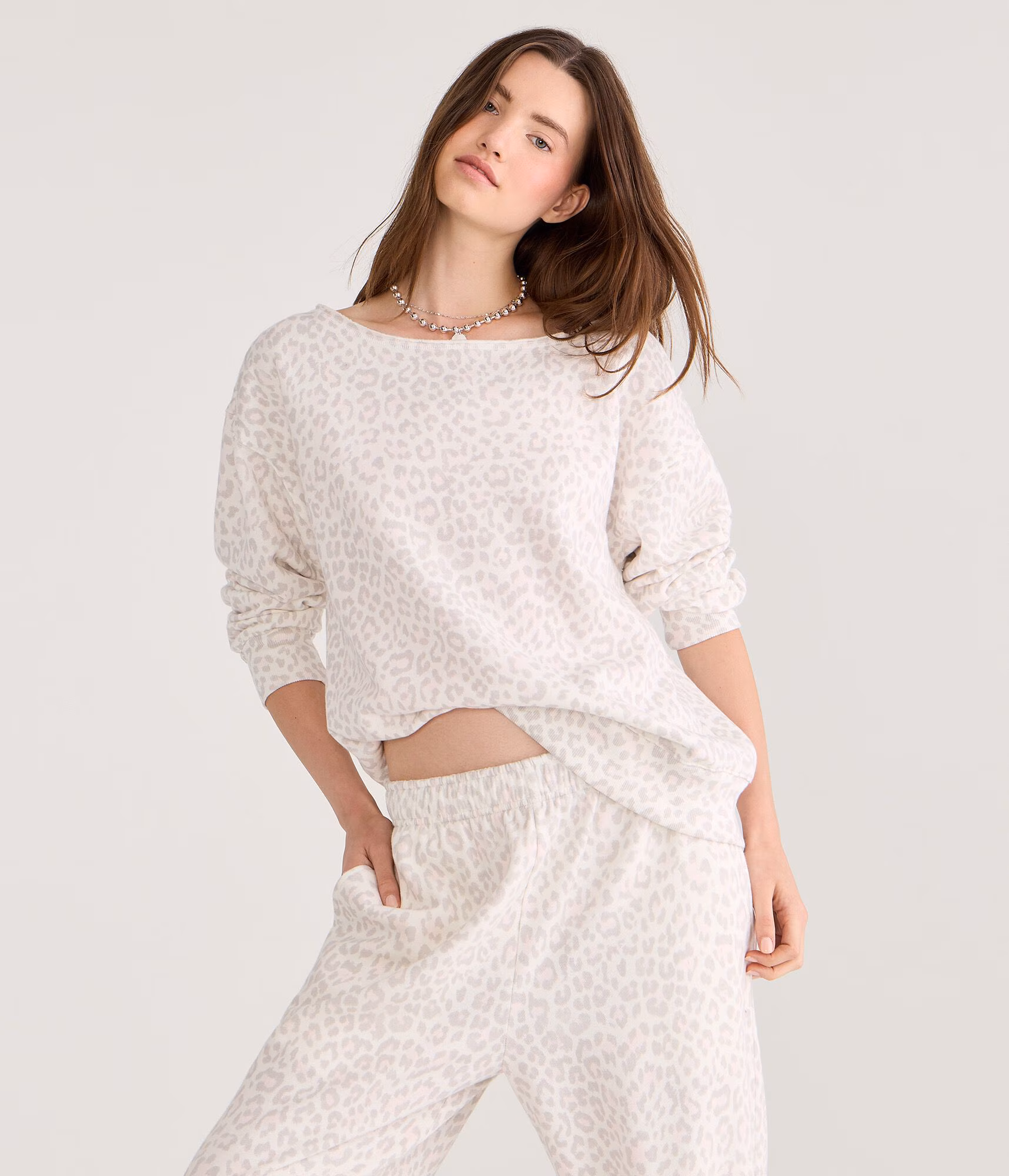 Cloud Soft Snow Leopard Print Oversized Off-The-Shoulder Sweatshirt cream