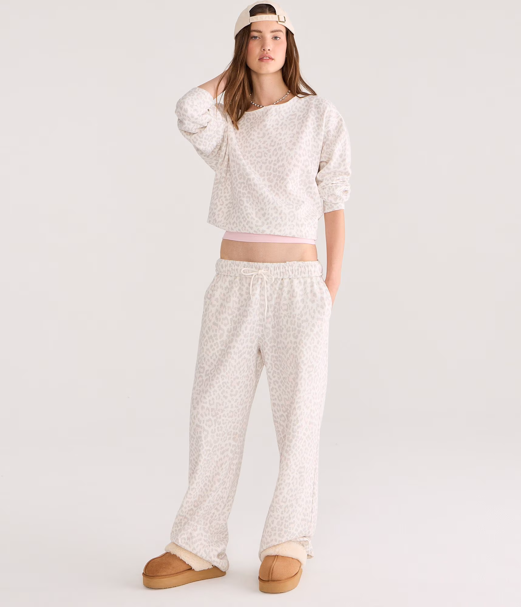 Cloud Soft Snow Leopard Print Oversized Off-The-Shoulder Sweatshirt cream