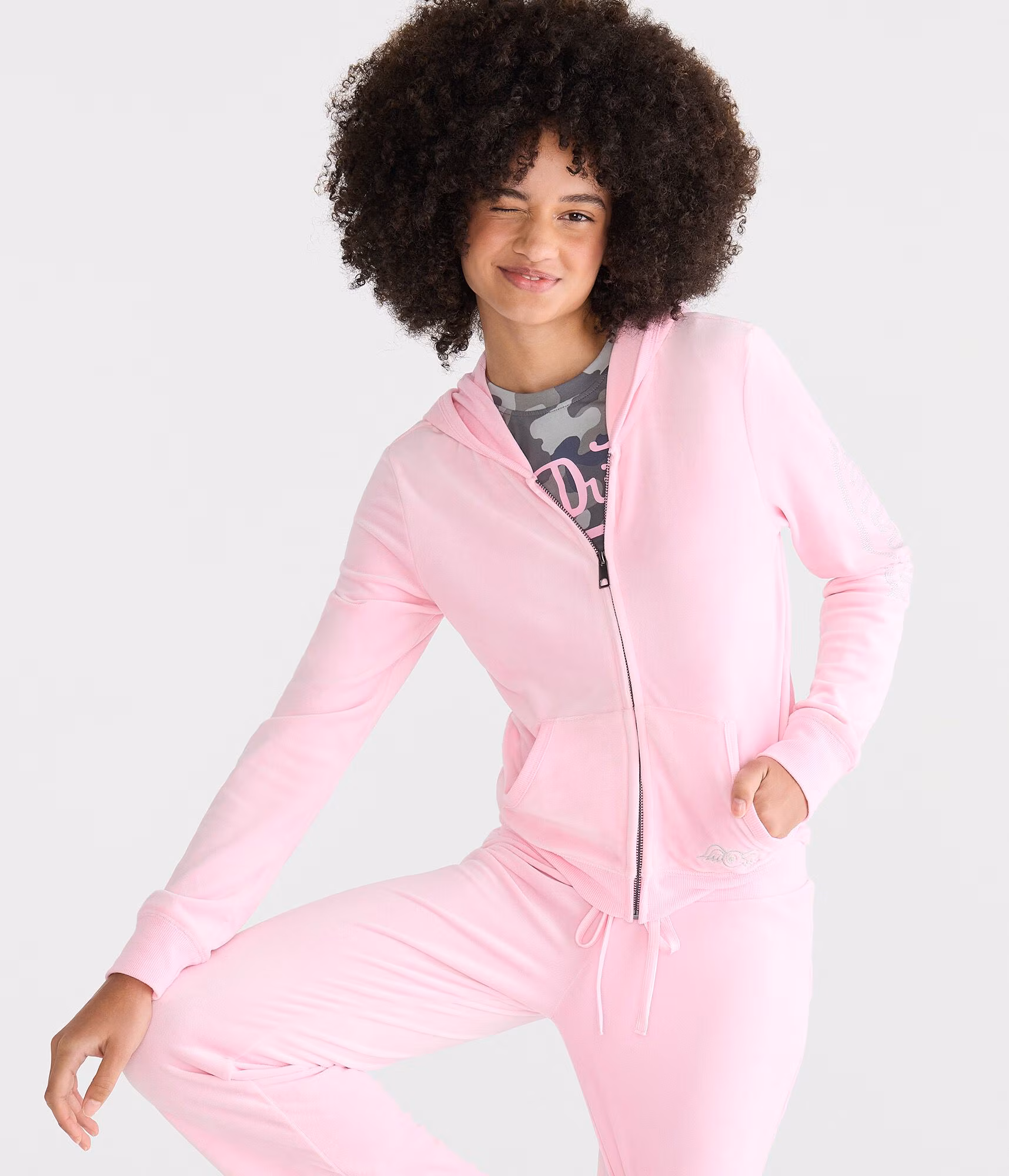 Von Dutch Rhinestone Logo Velour Full-Zip Hoodie pink
