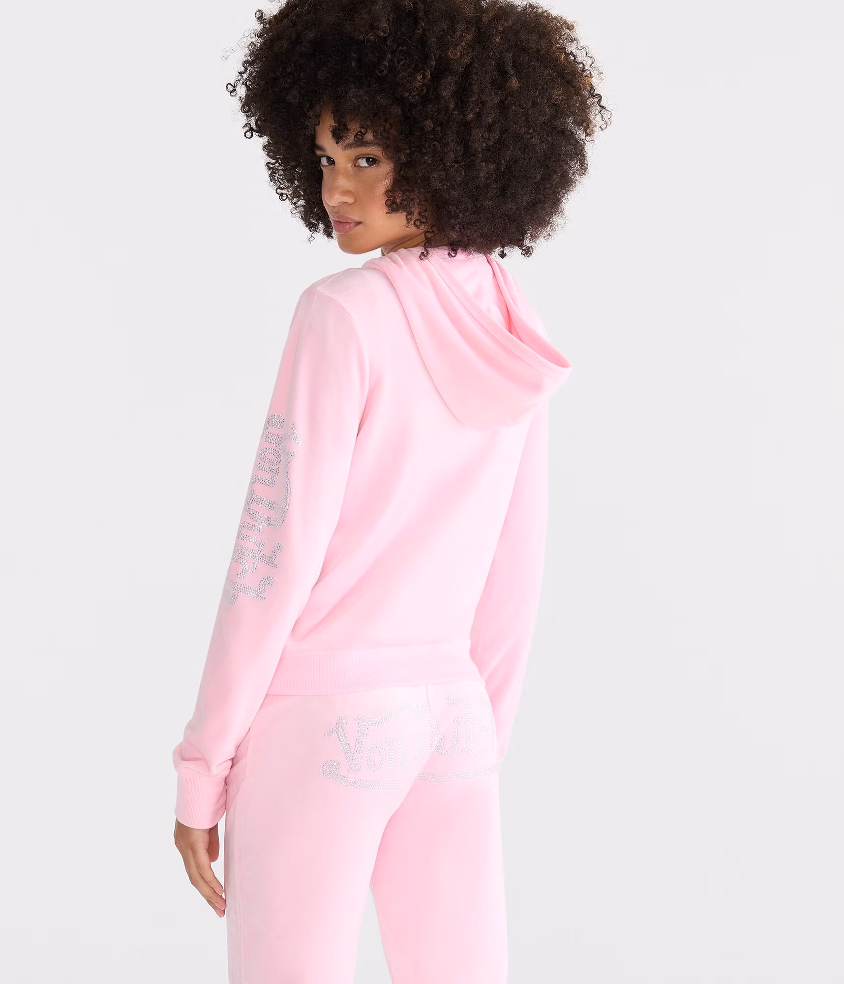 Von Dutch Rhinestone Logo Velour Full-Zip Hoodie pink