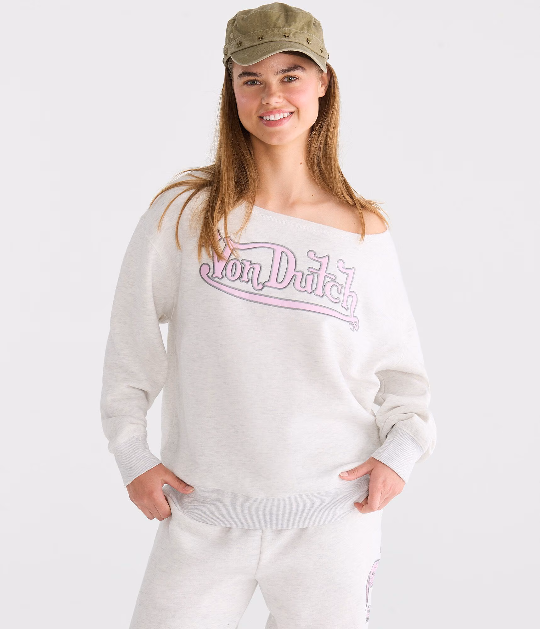 Von Dutch Logo Oversized Off-The-Shoulder Sweatshirt light heather grey