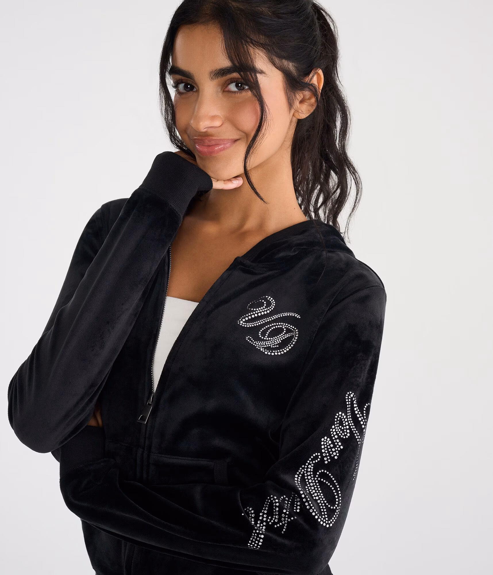 Von Dutch Rhinestone Logo Velour Full-Zip Hoodie black fox