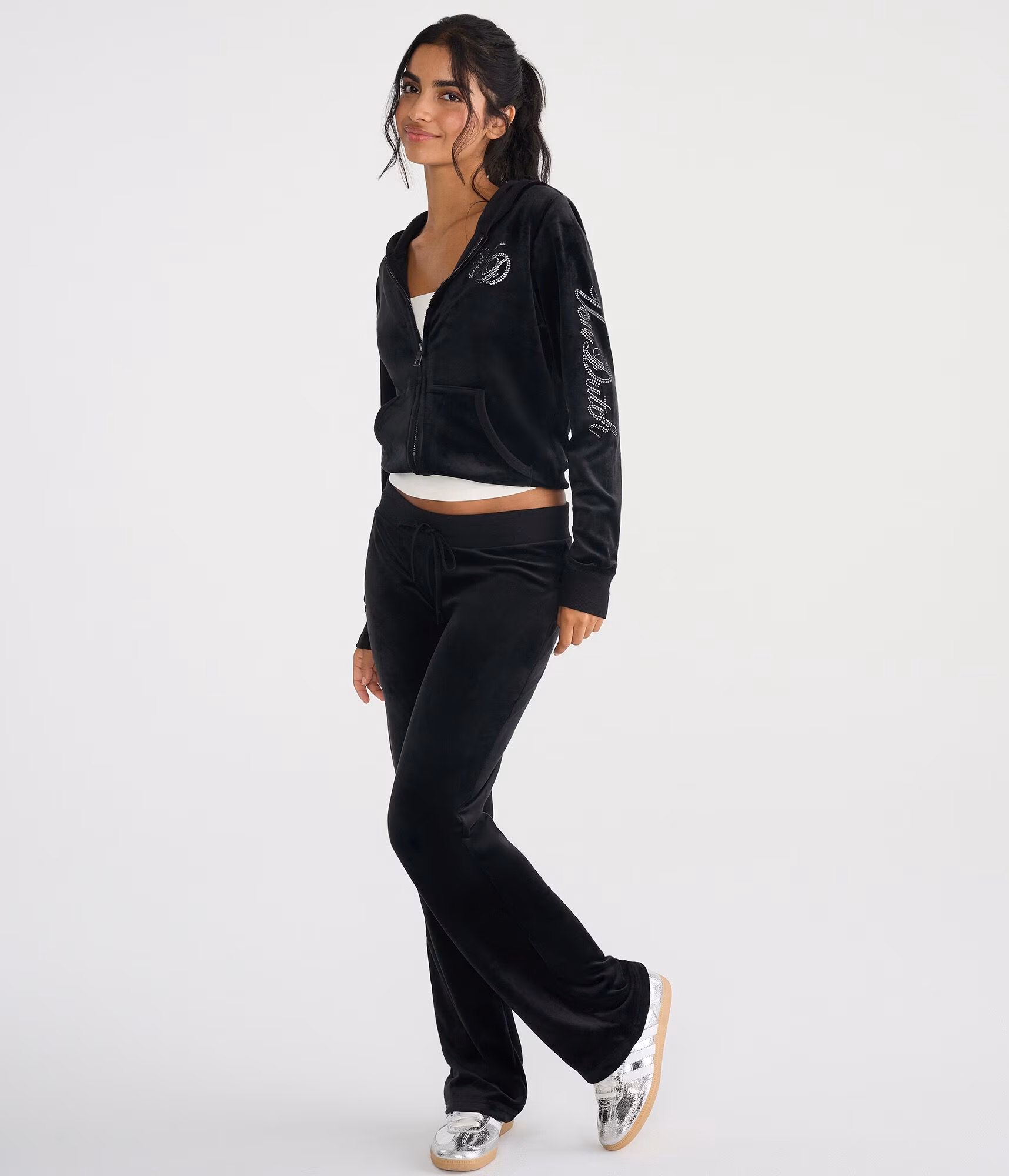 Von Dutch Rhinestone Logo Velour Full-Zip Hoodie black fox