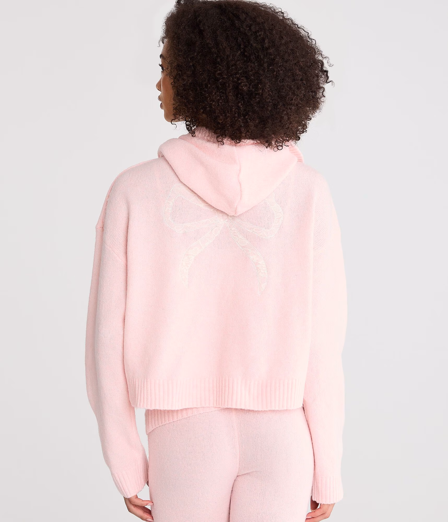 Lace Bow Cozy Sweater Hoodie peach whip