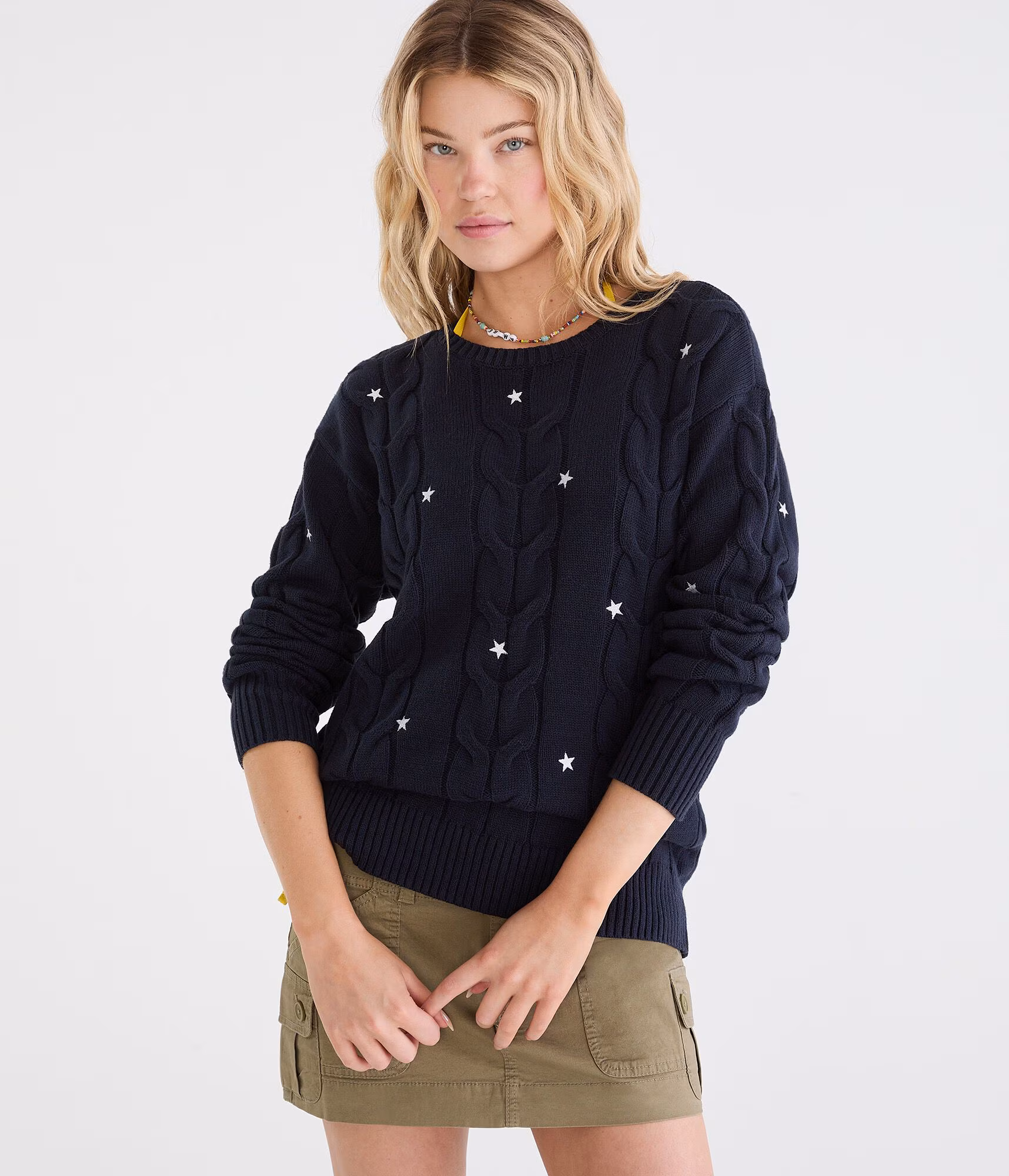 Stars Oversized Cable Crew Sweater naval blue