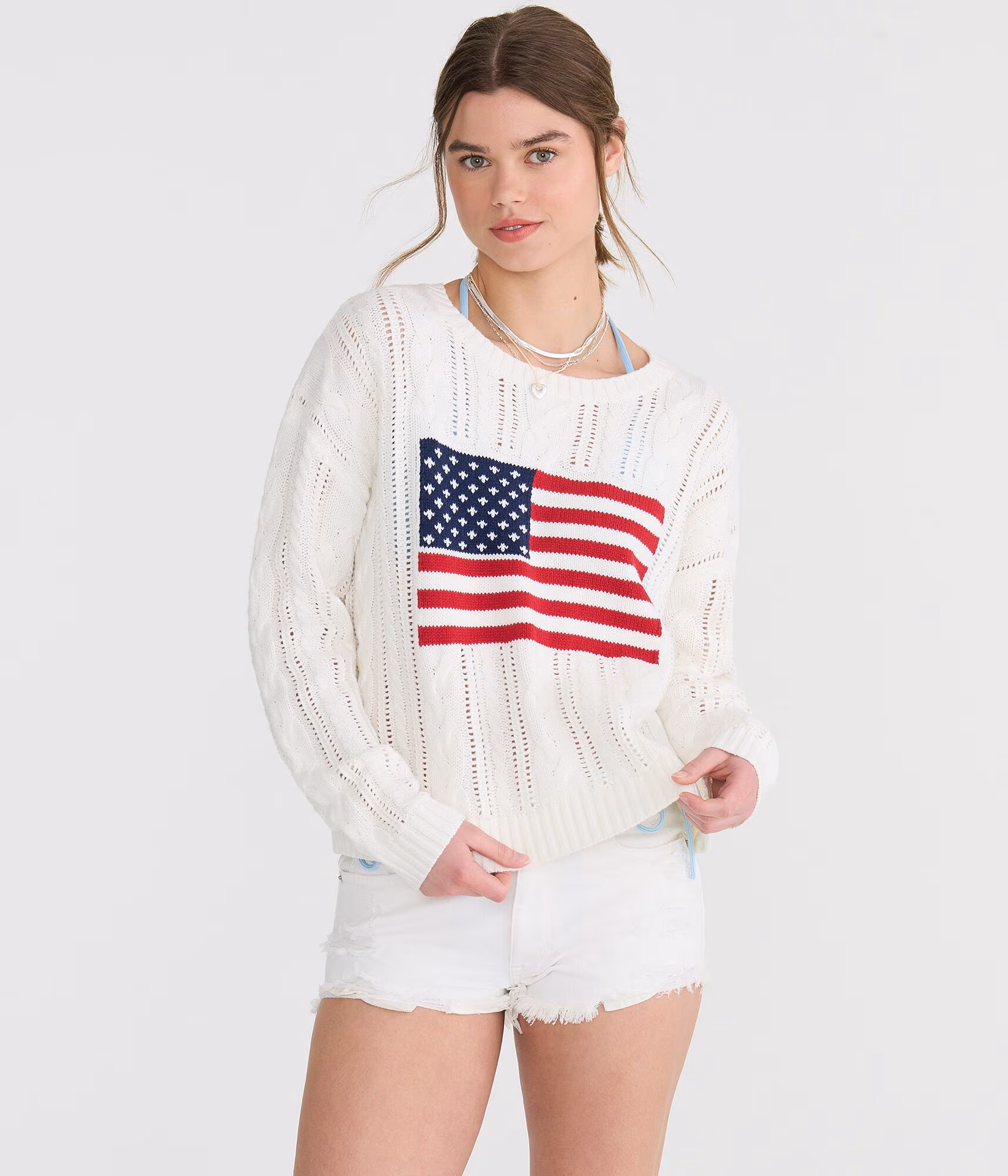 American Flag Cable Crew Sweater cream