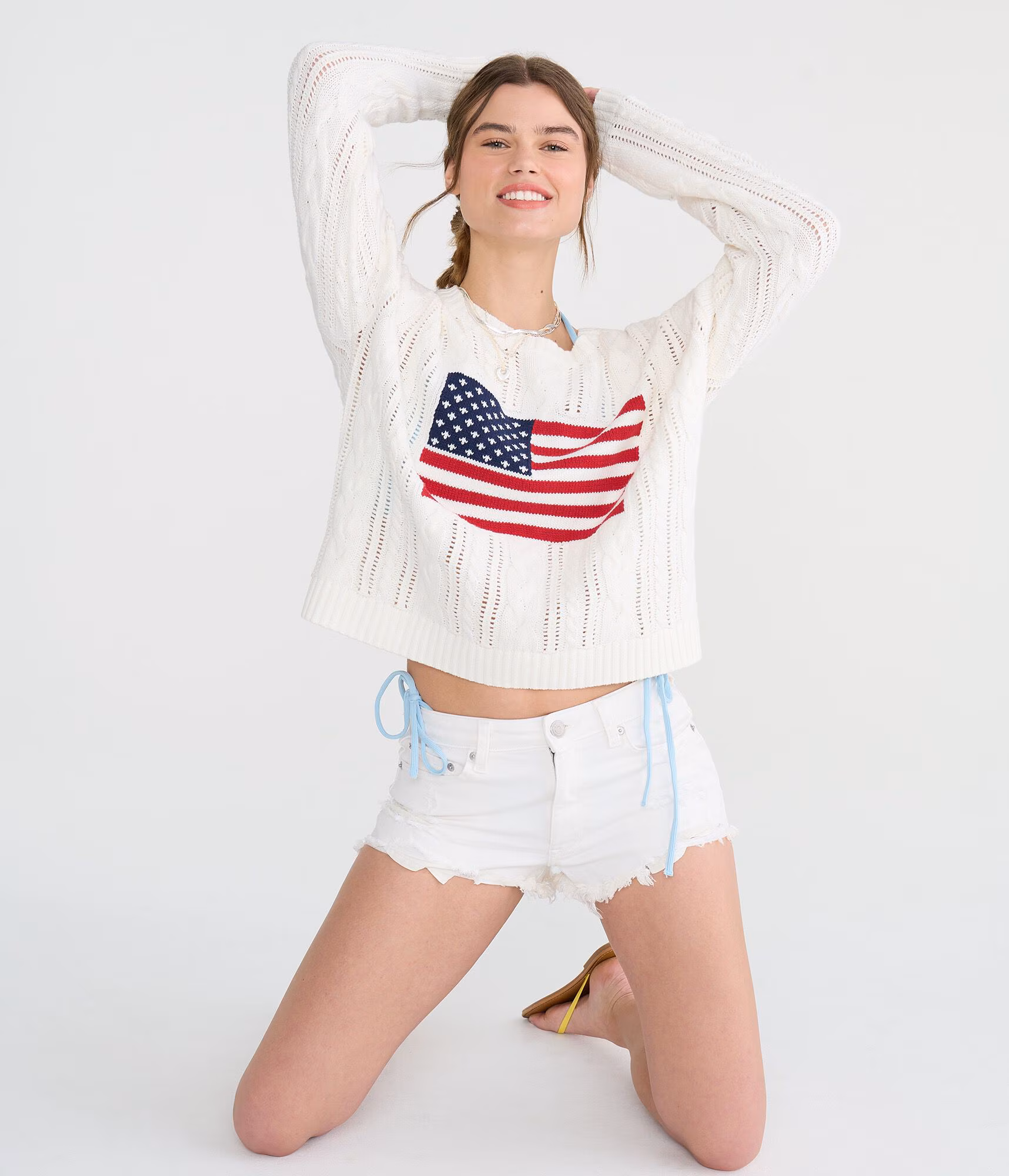 American Flag Cable Crew Sweater cream