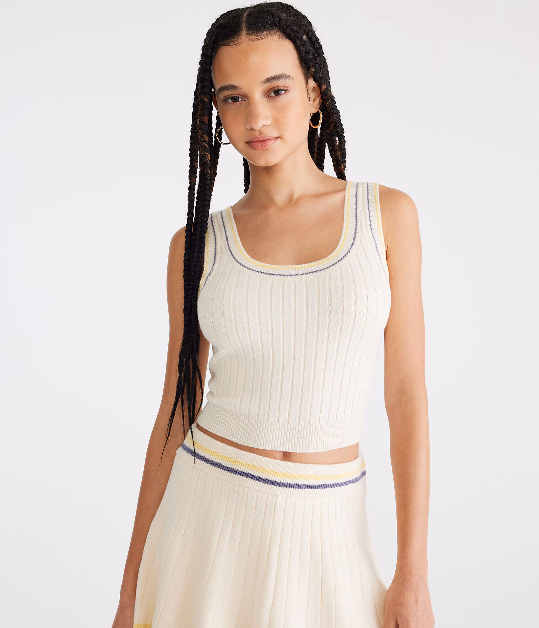 Striped Cropped Scoop-Neck Sweater Tank nude