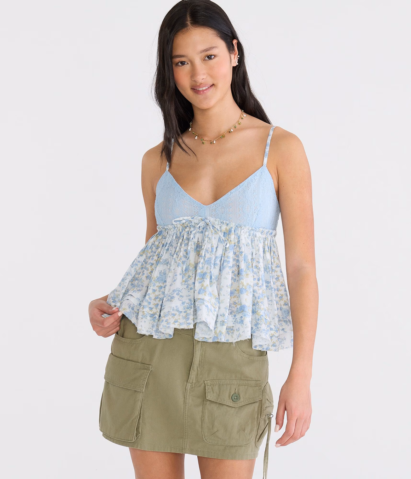 Floral Crocheted V-Neck Babydoll Top airy blue